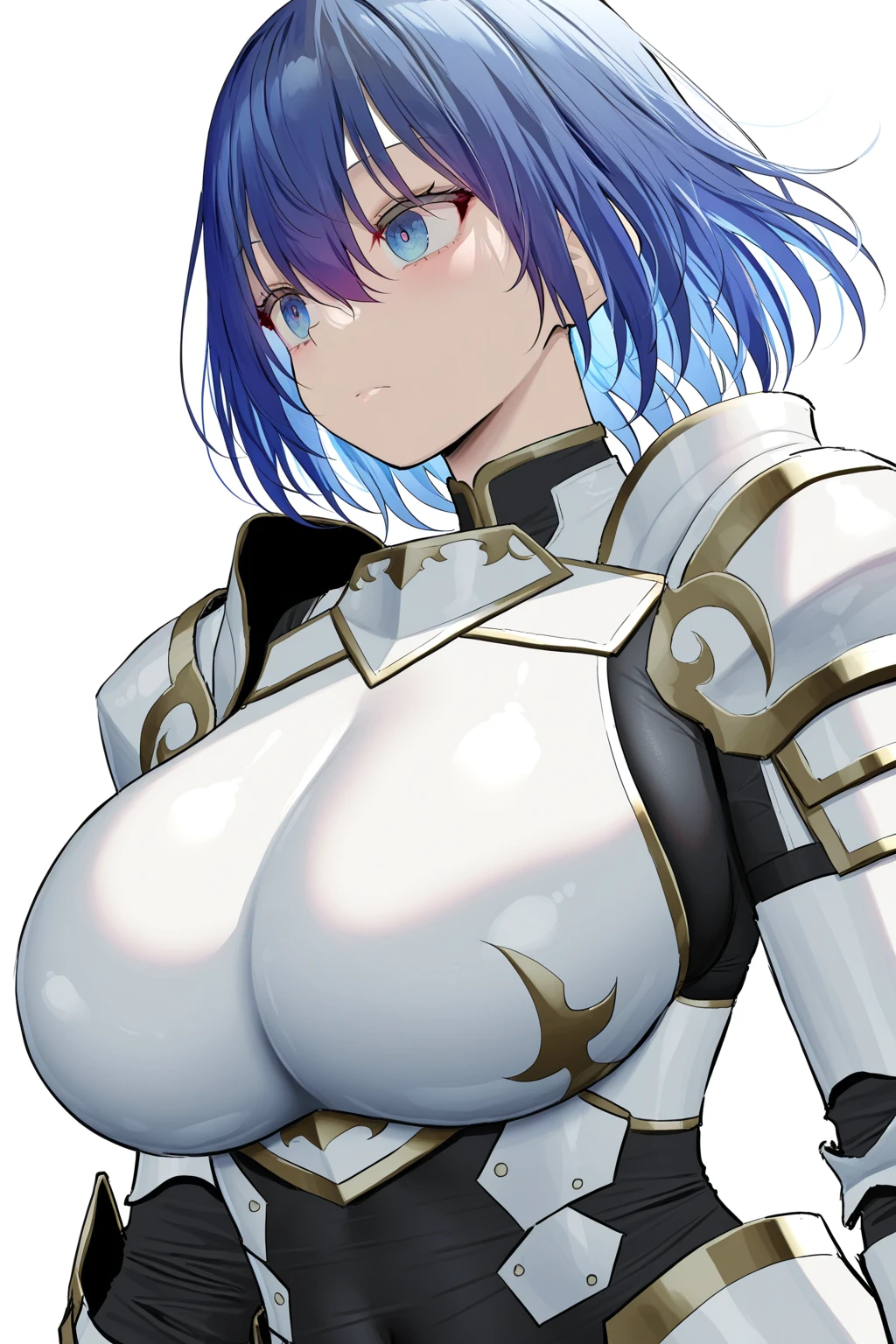 1girl, solo, breasts, blush, smile, short hair, bangs, large breasts, simple background, white background, cleavage, closed mouth, closed eyes, upper body, purple hair, halo, epaulettes