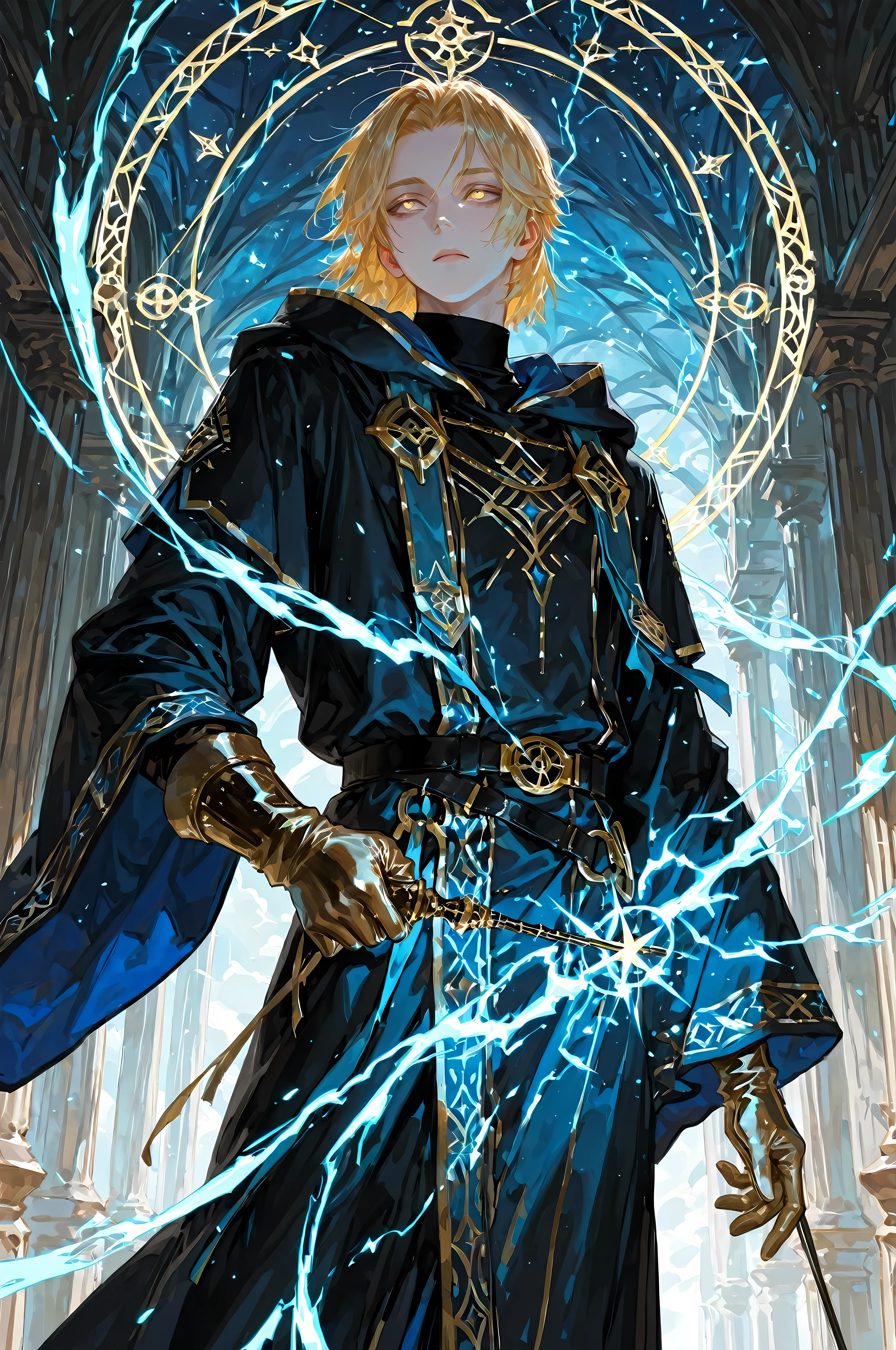 8k, beautiful masterpiece, looking ahead, alone, pale skin, Perfect Eyes shape, Athletic Build, ((He wears: long black robe with very wide sleeves and hood down, elegant black with blue accents wizard clothing, black belt with golden buckle, pouches and scrolls attached to belt, golden Eye of Agamotto amulet, arcane gloves)), (((background is library, is emotionless and somber while holding 1 "Elder Wand" and channeling energy))), mature man, muscular, 1 man, male-centered, handsome man, handsome, short hair, blonde hair, Thick painted, golden eyes, Perfect Eyes, masterpiece, top quality, amazing quality, exquisite details, very detailed, semi-realism art, semi-realism art style