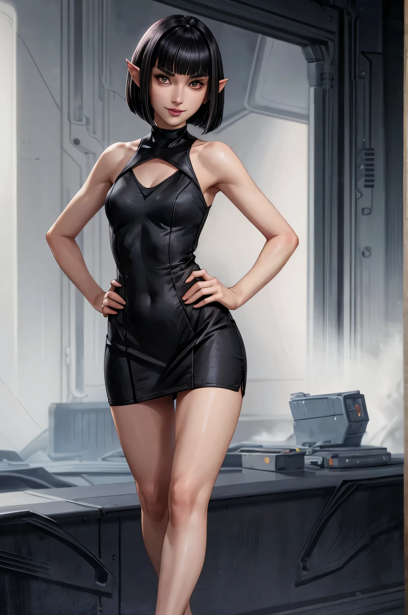 tight black dress, short dress, best quality,female vulcan, teenager, black hair, bobcut, smile, looking at viewer, pale skin, standing, hand on hip,
pointed ears
pointed eyebrows
blunt bangs