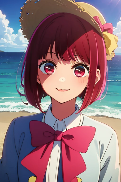 masterpiece, Highest quality, Ultra-high resolution, Highest quality, Anime Style, Best writing, Beautiful Face, masterpiece, Very detailed, (1 person:1.2), Redhead, (White Bikini:1.3), Frills, Straw hat, (White ribbon on chest:1.3), morning, Beach Background, 8k, short hair, Shining Eyes, (The best smile:1.3), Open your mouth, Face Focus, Warizah on the sandy beach, look up、I'm smiling at you、 (Perfect hands, Perfect Anatomy),