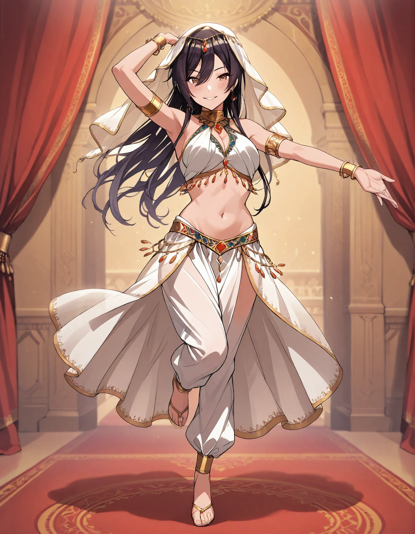 (1girl:1 . 5) , (Seul:1 . 5) , score_9 , score_8_haut , score_7_haut , source_anime , Official work  , ultra-detailed , masterpiece , best quality selfie snapshot , high res , beaux yeux , detailed eyes , detailed face , beautiful detailed eyes ,THE iDOLM@STER Shiny Colors,Shirase Sakuya,Arabian Clothes , Arabian Dancer ,belly dancer costume ,full body, golden jewelery,armlet, belly dancing,arabian theater, seductive smile, dancing with veil, dynamic movement,dance posture, seductive pose