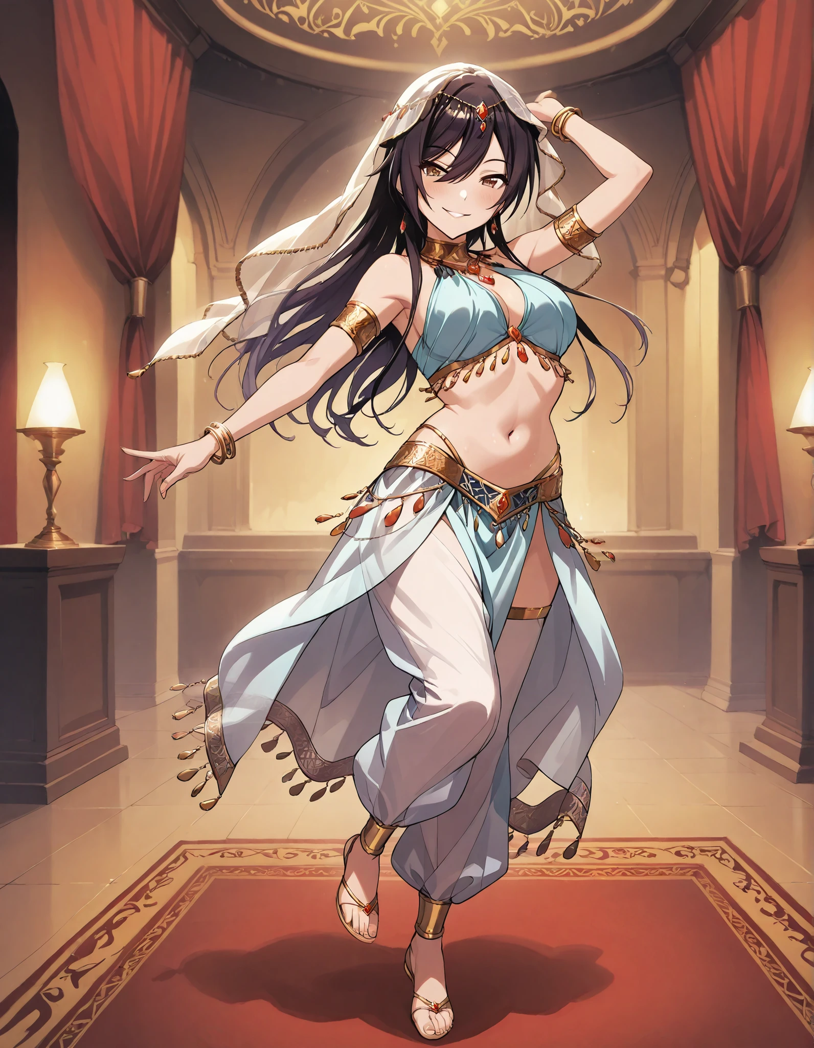 (1girl:1 . 5) , (Seul:1 . 5) , score_9 , score_8_haut , score_7_haut , source_anime , Official work , ultra-detailed , masterpiece , best quality selfie snapshot , high res , beaux yeux , detailed eyes , detailed face , beautiful detailed eyes ,THE iDOLM@STER Shiny Colors,Shirase Sakuya,Arabian Clothes , Arabian Dancer ,belly dancer costume ,full body, golden jewelery,armlet, belly dancing,arabian theater, seductive smile, dancing with veil, dynamic movement,dance posture, seductive pose