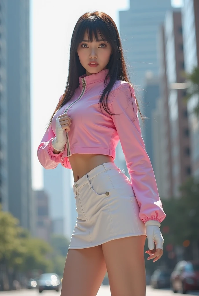 Korean beautiful girl wearing pink blazer, white long shirt, pink chek miniskirt, thighs exposed, shooting from below, wind from below, sky.