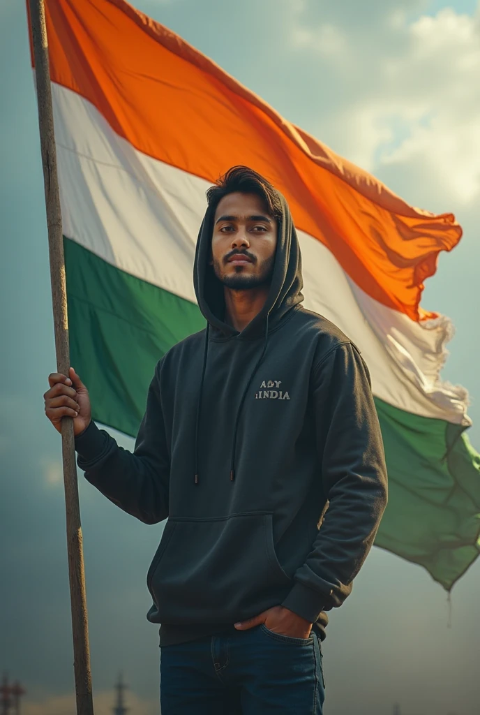 A 20 year old He wear black Shirt and white pant cute boy is standing holding the flag of India and has the flag of India printed on his cheek: and behind is a scene of  forests and river.