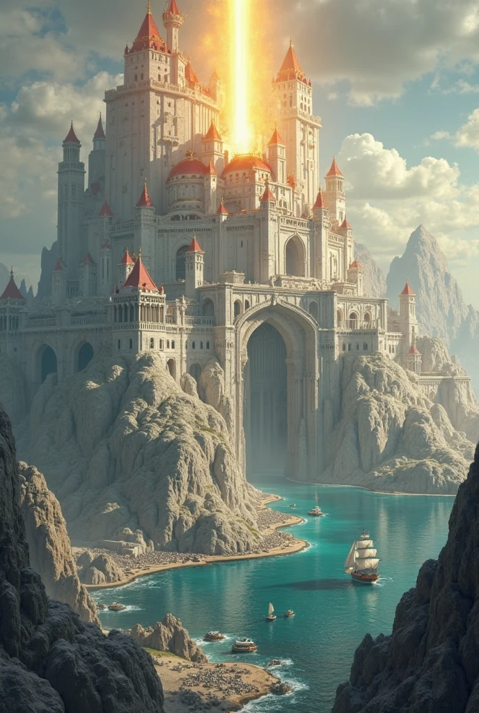 View from the sea of a colossal fantasy city built of white stone ...