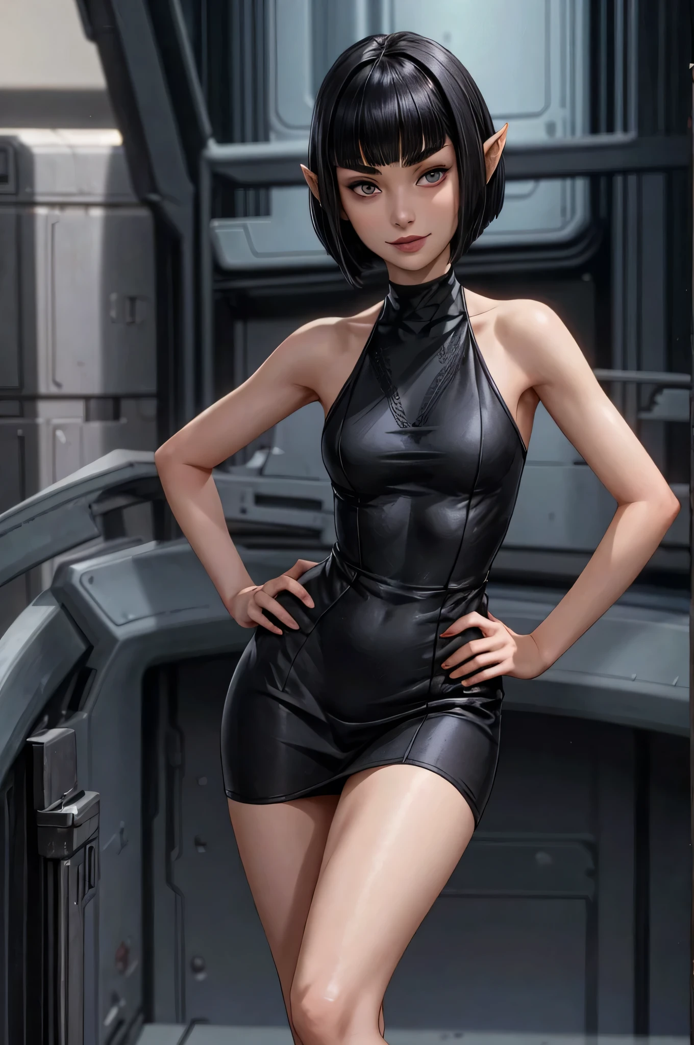 tight black dress, short dress, best quality,female vulcan, teenager, black hair, bobcut, smile, looking at viewer, pale skin, standing, hand on hip,
pointed ears
pointed eyebrows
blunt bangs