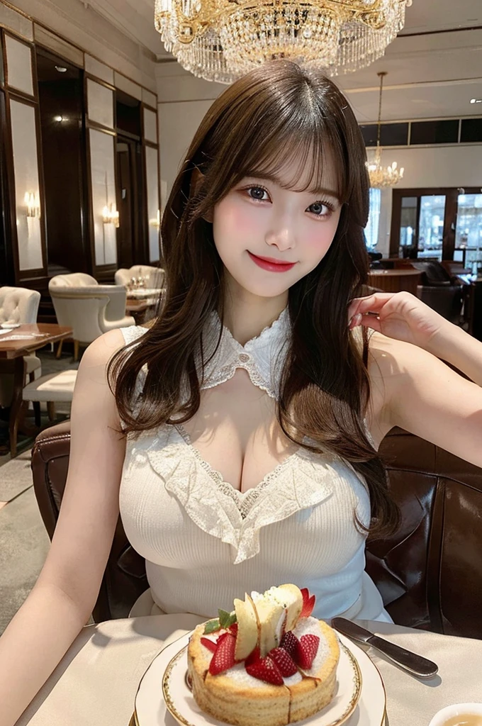 Fine dining waitress, Life, Highest quality, shape, Very detailed, In detail, High resolution, 8k wallpaper, Perfect dynamic composition, Beautiful details,  Natural Lip, Waitress upskirt , Big Breasts, ，Cleavage, She is smiling while carrying the meal. ..., A masterpiece of the whole body, Whole body
