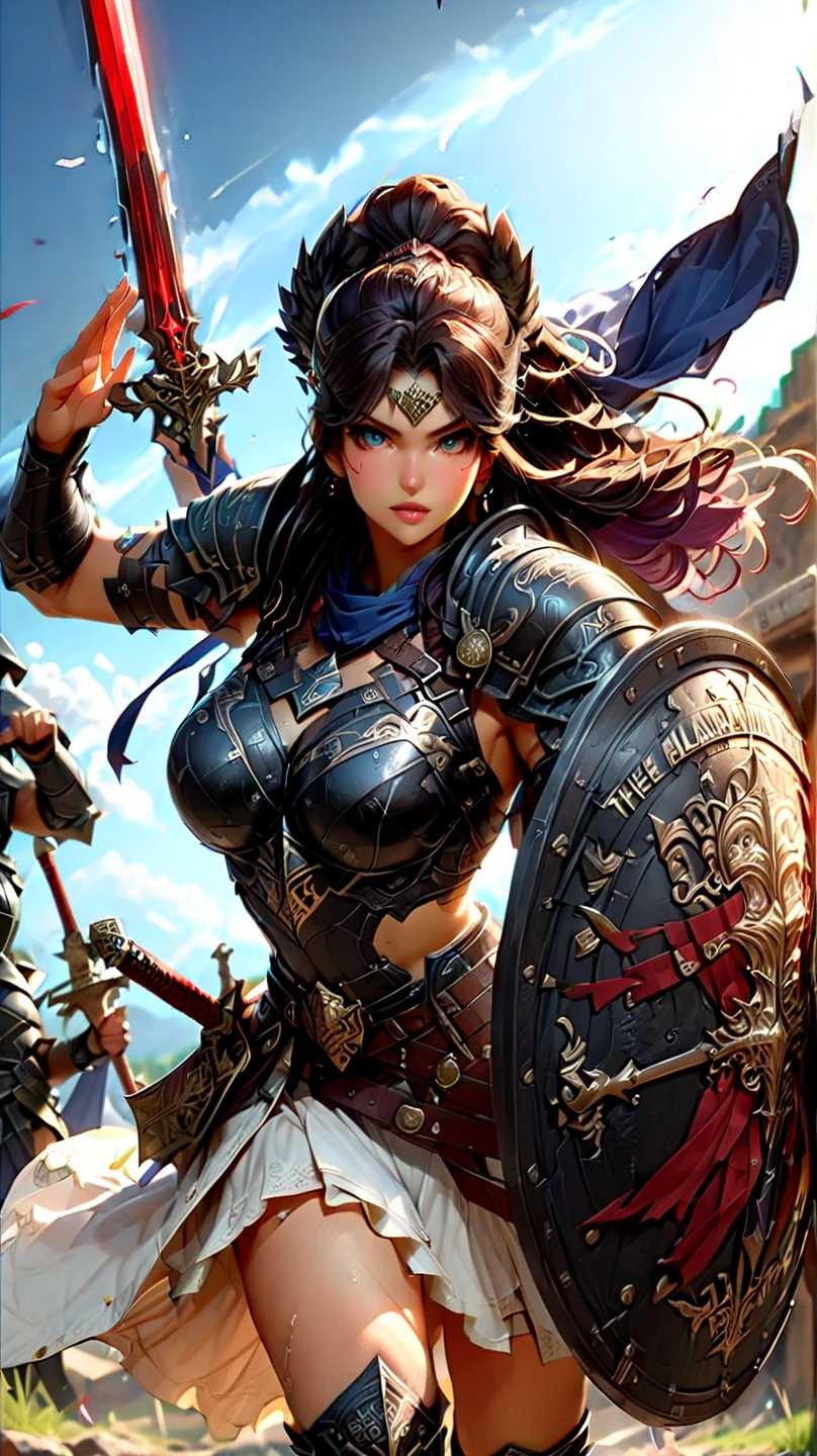 ((very delicate))best picture quality, ((The background is the center of a fierce battlefield.)), Full body of a beautiful female warrior, Full body with buttocks visible, female viking, bikini, big bust, red light armor, Exquisite dark brown hairstyle, spleen, roar, bright eyes, very detailed details, axe, circular shield, break your own power, 가슴골이 드러나는 big bust，R-18G, More detailed 8K.Unreal Engine, masterpiece, best quality,object object], (Detailed facial features), (4k detail),(realist, photorealism),((precise proportions))