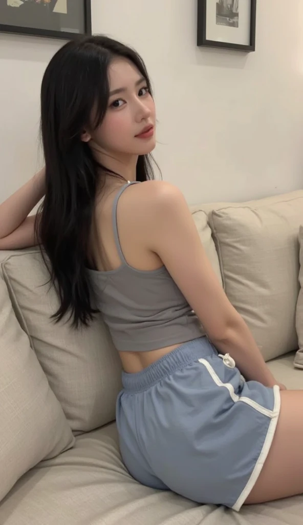 Sports Bra、mini skirt、M-shaped legs、bed、Embarrassed face、Short hair with bangs