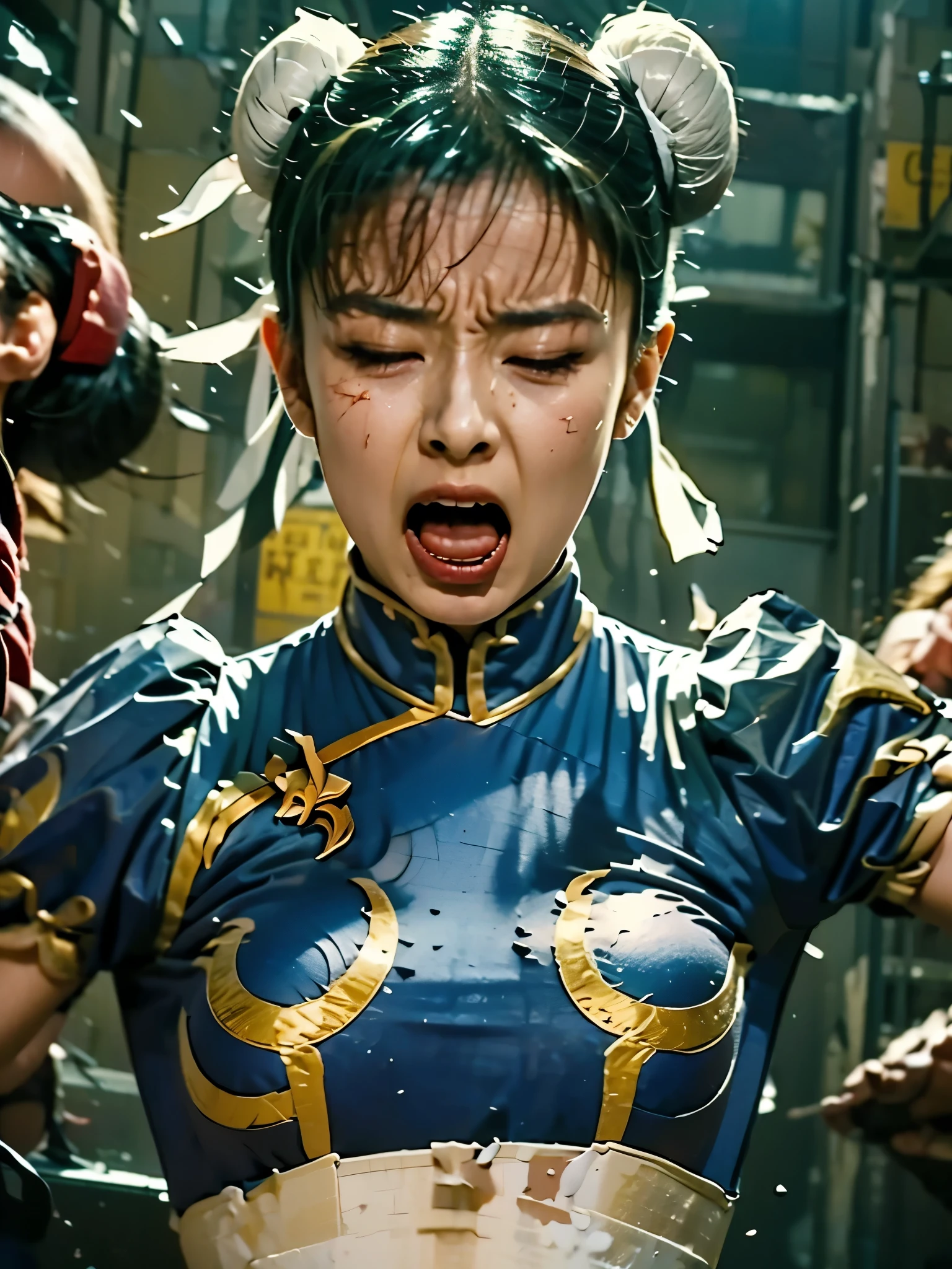 is screaming after being eaten by an attack, Chun Li, ryona , nagging behind, expression of agony, closed eyes, masterpiece, hyper real, photo real, high image quality, Please draw the details of your face, clothes, and body accurately