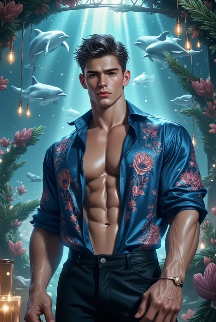 (nonsense, High resolution, very detailed, HDR), Masterpiece, best quality, A drawing of a boy, handsome man with red eyes, detailed face, professional photos, An Arav man enters the fight shirtless., Sleep well.，legs open, (Swollen nipples(from below:1.1)), Focus on your audience,18 year old boy, handsome man, [ well defined body ]，open light blue shirt，abdomen，chest muscleermaid，Big bulge，Lying on the coral reef at the bottom of the sea，coral reef，moustacheปลาหมึกสัมผัสพันกันทั่วตัว，Aquaman Trident，Alienปลาหมึกใช้moustacheหลายอัน((shaped like a penis,cock,penis))wrapped around a young man,ใช้moustacheรูปองคชาตหลายอันจับแขนและขาของผู้ชายไว้,Alien,appendage,moustache,Giant earthworm,monster,It&#39;s a demon.,monsterองคชาต