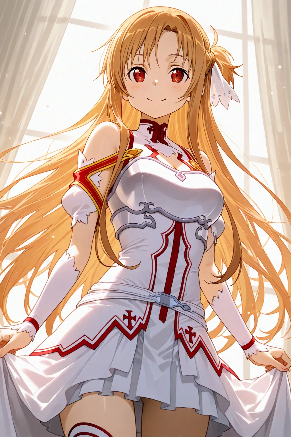 Yuuki Asuna、blush,smile、Brown Hair、Primary school students、The back is very small、Lolita、Small breasts、Please show me your armpits、exterior: 14 years old、Shoulder Bare、The clavicle is visible、Sexy thighs、Beautiful feet、Usual hairstyle、Highest quality, High resolution, unity 8k wallpaper, (shape:0.8), (Beautiful and beautiful eyes:1.6), Highly detailed face, Perfect lighting, Extremely detailed CG, (Perfect hands, Perfect Anatomy),