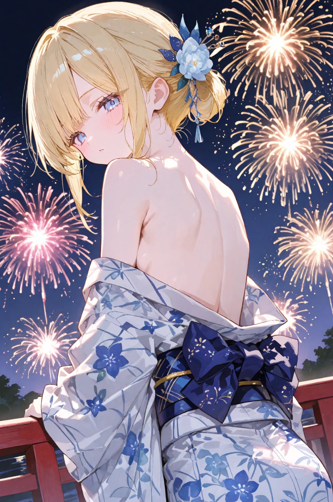 (((masterpiece))), (1girl:1.5), hyper detailed, highres, ((best quality)), (extremely delicate and beautiful), {8k cg wallpaper}, illustration, (blush), (braided ponytail | ponytail | hairbun), (extremely detailed background:1.6), (very long black hair|blonde hair), detailed face, night, festival, outdoors, lantern, (fireworks:1.4), paper lantern, snow, wind, snowflakes, hair ornament, closed eyes, (from behind:1.3), sitting, river, riverbank, starry sky, (holding hands:0.6), leaning on person, showing pink thong, nice ass