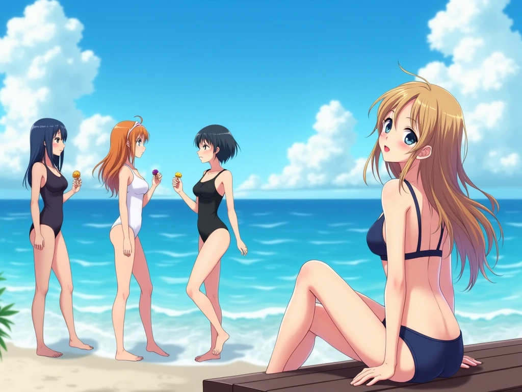 anime, Style, 2 girls in bikini, on the beach(best quality, 4k, 8k, high resolution, obra-prima: 1.2), ultra-detailed, (realista, fotorealista, foto-realista: 1.37) colorido com vibrantes cores, soft lighting