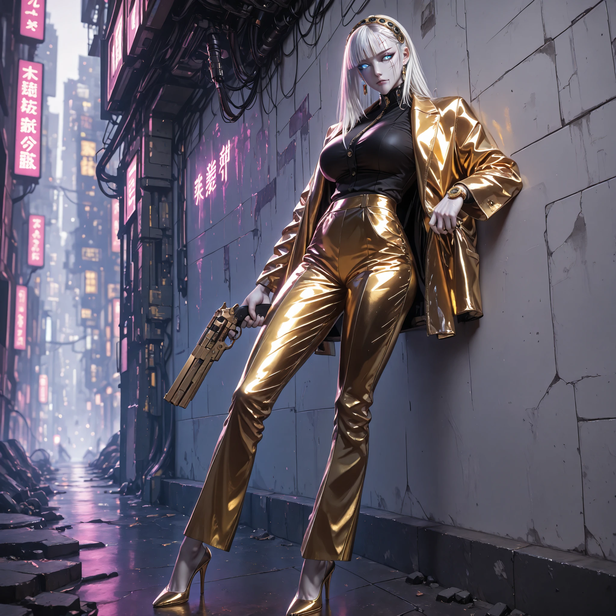 handfixer, cyberpunk, (ultra quality:1.3), masterpiece, (highly detailed), HDR, 1girl, solo, short white hair, light make up, cyber eyes, pale skin, scar across lips, big breasts, black shirt under expensive golden jacket, golden expensive formal pants, golden watch, high heel golden closed shoes, pistol in each hand ready for action, standing leaning back on wall