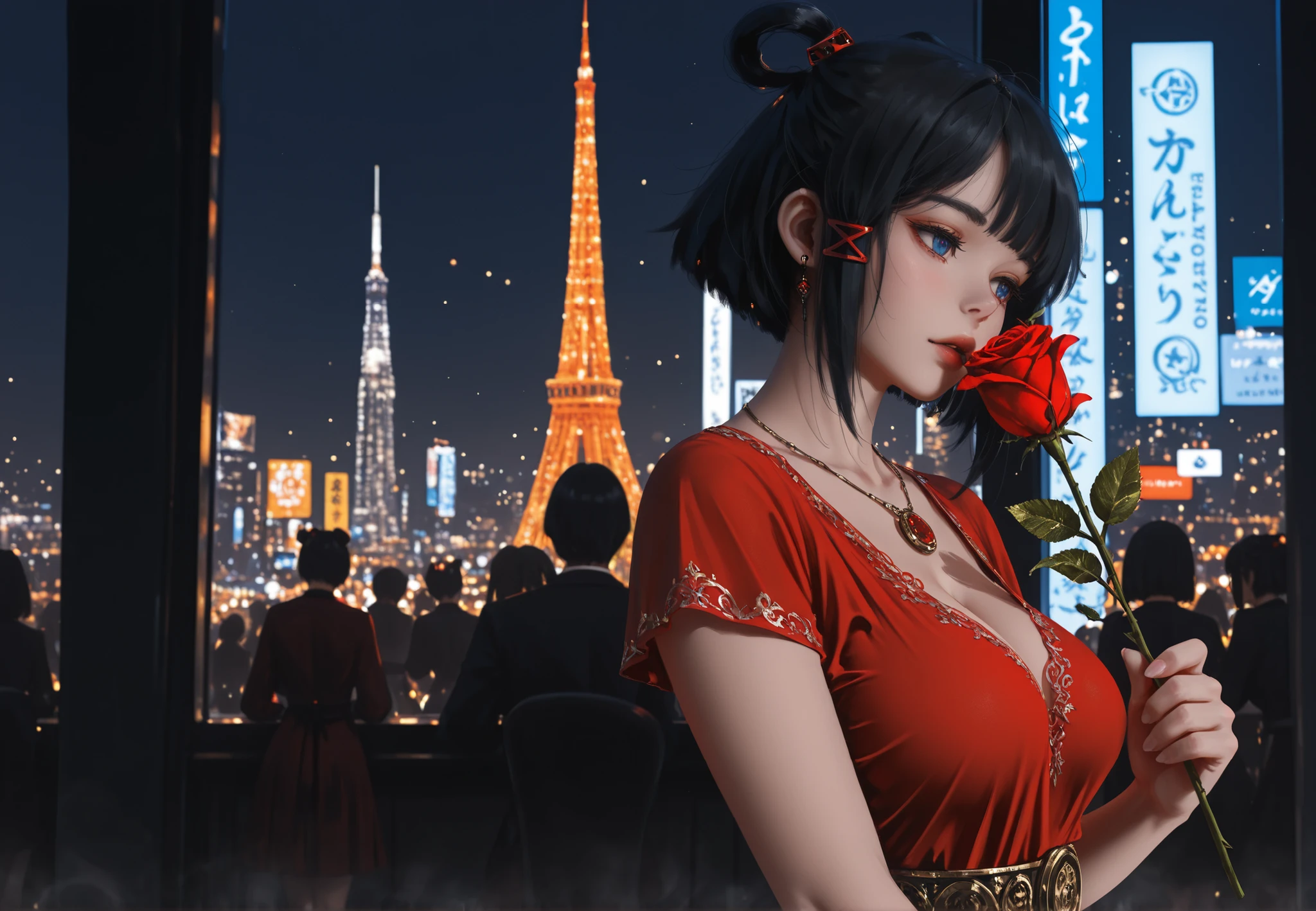 masterpiece, ultra highres, best quality, digital painting, concept art, detailed illustration, professional artwork, trending on artstation, award winning, vibrant colors, perfect composition, dynamic lighting, artistic rendering, detailed linework, smooth gradients, painted details, fantasy art style, professional artist, highly detailed, intricate details, art by wlop, greg rutkowski style, large breasts, short hair, black hair, blue eyes, sidelocks, hair rings, hair ornament, lewd, nsfw, (city night lights, red dress, holding a rose)