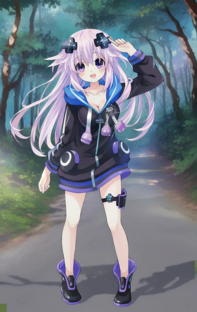 Masterpiece, Best quality, 4k resolution, beautiful eyes,  outside, forest, nighttime, Neptune Non CPU, 1girl, solo, purple eyes, solo, purple hair, open mouth, hood, one eye closed, hair ornament, breasts, cleavage, smile, d-pad hair ornament, jacket, d-pad, long hair, medium breasts, full body, blush, thigh strap, collarbone, hooded jacket, holster, standing, thigh holster, multiple poses, dynamic poses, multiple expressions,