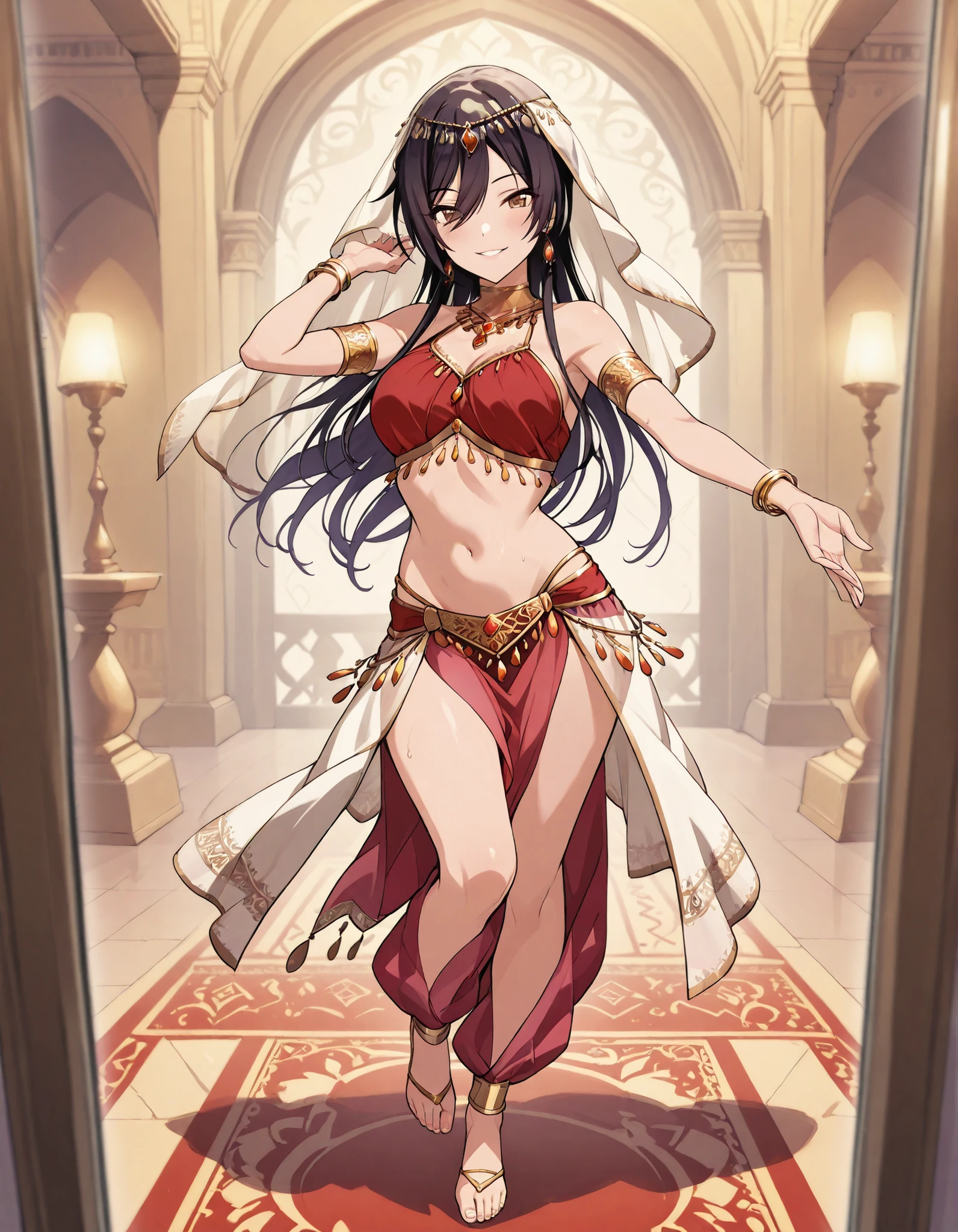 (1girl:1 . 5) , (Seul:1 . 5) , score_9 , score_8_haut , score_7_haut , source_anime , Official work , ultra-detailed , masterpiece , best quality selfie snapshot , high res , beaux yeux , detailed eyes , detailed face , beautiful detailed eyes ,THE iDOLM@STER Shiny Colors,Shirase Sakuya,Arabian Clothes , Arabian Dancer ,belly dancer costume ,full body, golden jewelery,armlet, belly dancing,arabian garden, seductive smile, dancing with veil, dynamic movement,dance posture, seductive pose