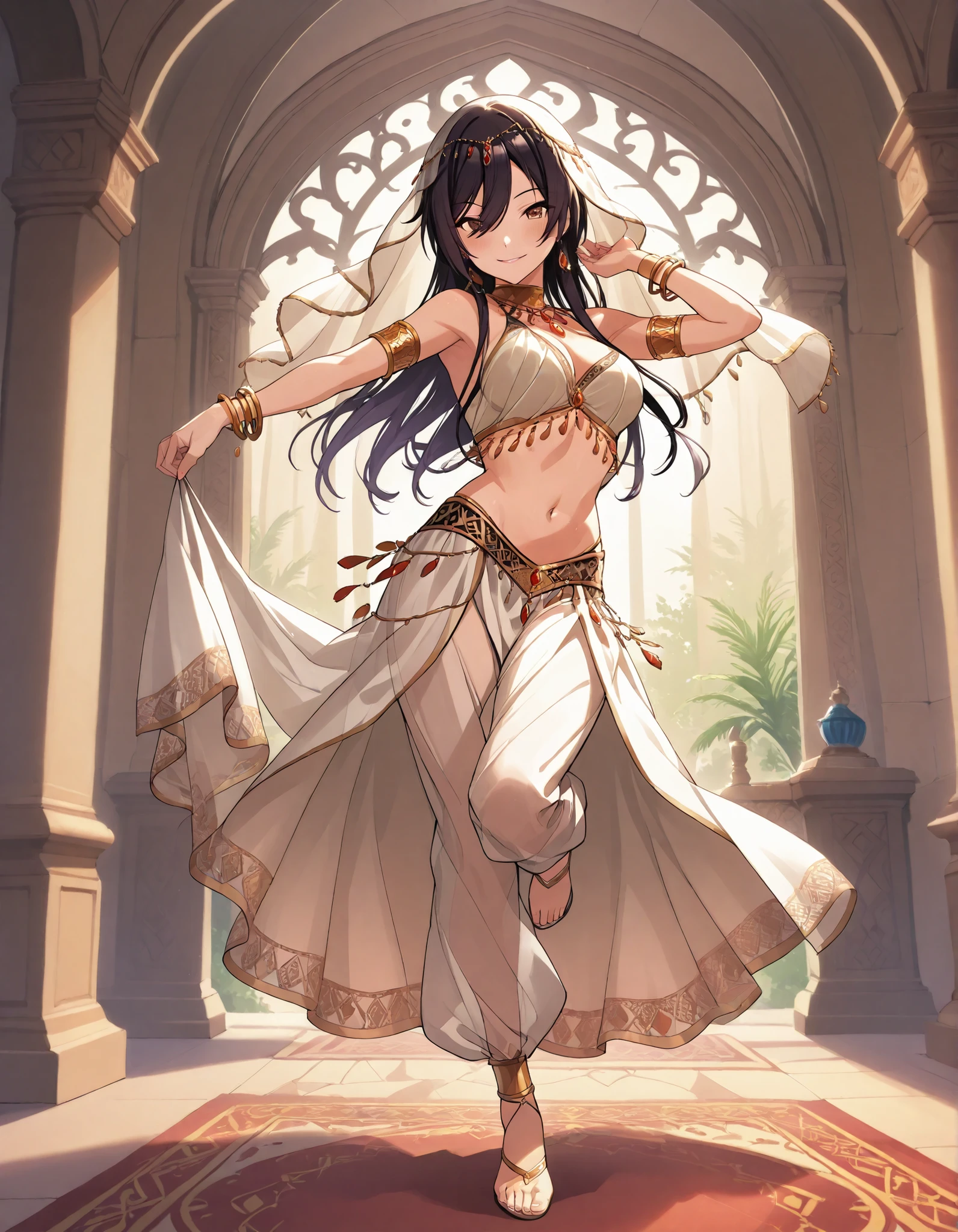 (1girl:1 . 5) , (Seul:1 . 5) , score_9 , score_8_haut , score_7_haut , source_anime , Official work , ultra-detailed , masterpiece , best quality selfie snapshot , high res , beaux yeux , detailed eyes , detailed face , beautiful detailed eyes ,THE iDOLM@STER Shiny Colors,Shirase Sakuya,Arabian Clothes , Arabian Dancer ,belly dancer costume ,full body, golden jewelery,armlet, belly dancing,arabian garden, seductive smile, dancing with veil, dynamic movement,dance posture, seductive pose