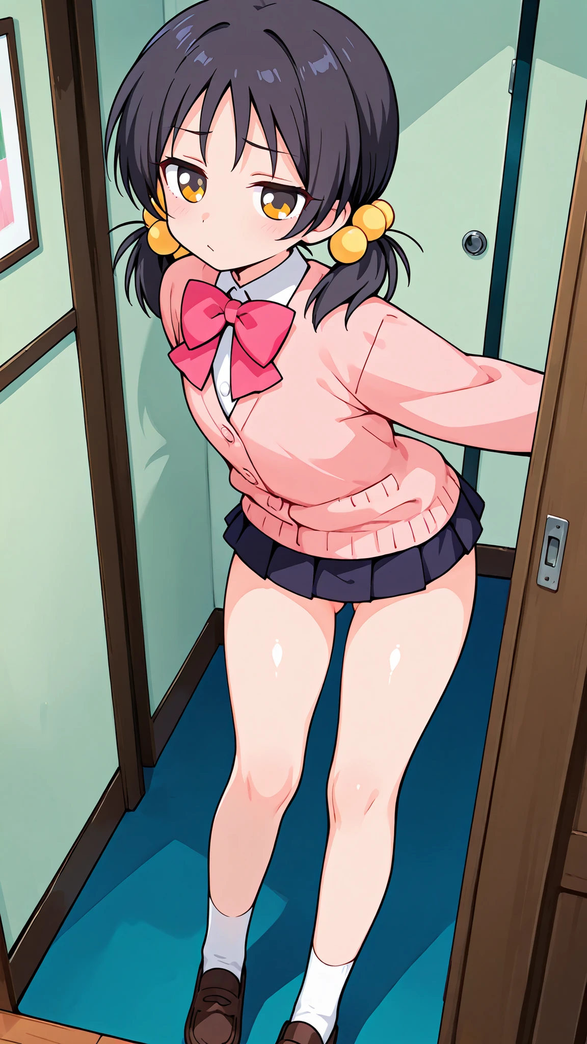 ((anime style)),nsfw,((sexy pose)),score_9, score_8_up, score_7_up, source_anime,high quality,detailed,high resolution,best quality,best detailed girl,masterpiece, 1girl , ((solo)),Kaai Yuki, a girl with dark hair, twin pigtails,cartoon-style outfit, light pink cardigan with a dark pink bow tie, ((((((black mini skirt)))))),(((white short sox))),(brown loafers),Art, Artstyle, Artist,(((((((A glimpse of her thighs))))))),(((fair skin))),((standing)),(ass visible through thighs),leaning forward,