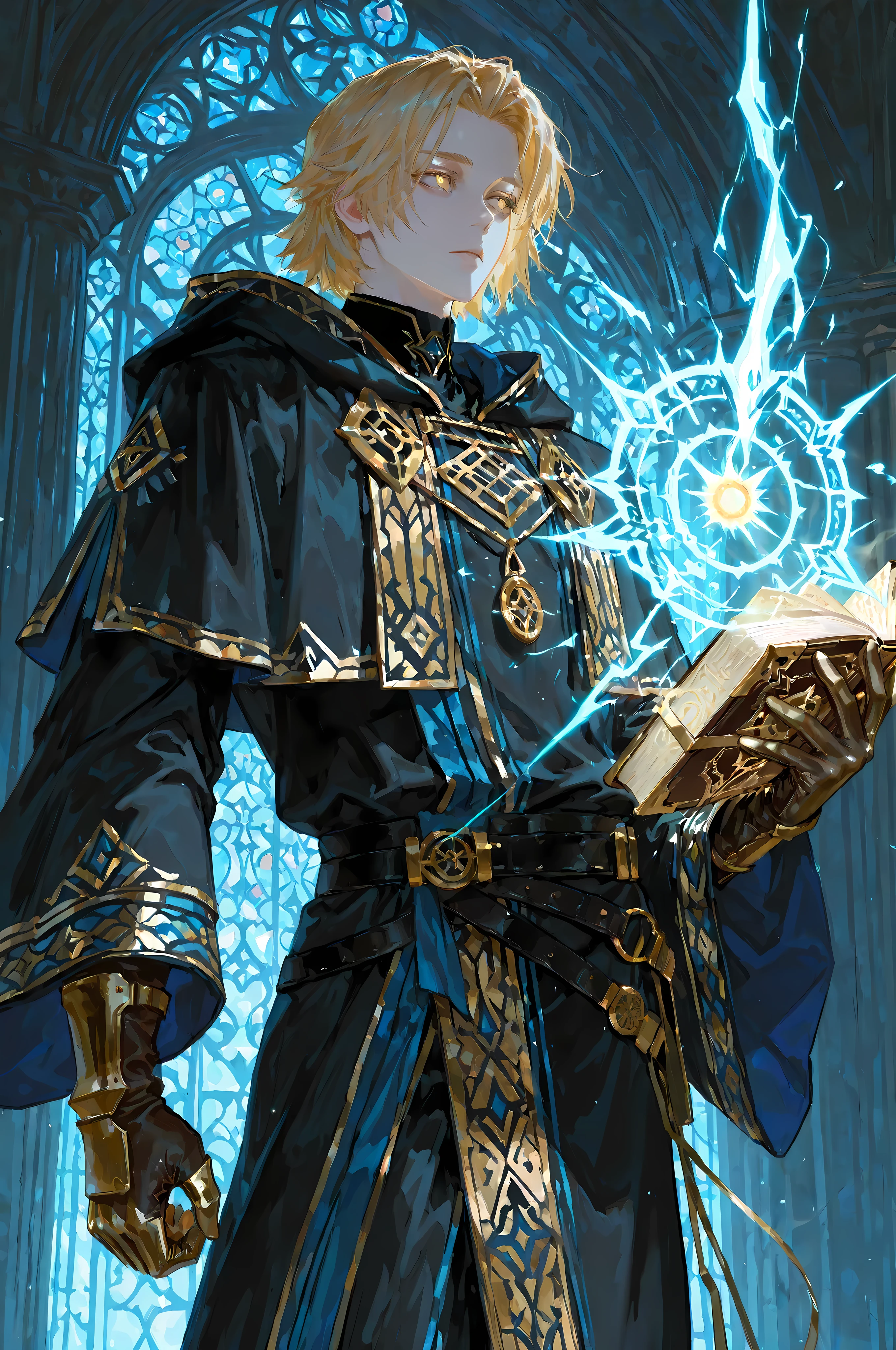 8k, beautiful masterpiece, looking ahead, alone, pale skin, Perfect Eyes shape, Athletic Build, ((He wears: long black robe with very wide sleeves and hood down, elegant black with blue accents wizard clothing, black belt with golden buckle, pouches and scrolls attached to belt, golden Eye of Agamotto amulet, arcane gloves)), (((background is library, is emotionless and somber while holding 1 grimoire and channeling energy))), mature man, muscular, 1 man, male-centered, handsome man, handsome, short hair, blonde hair, Thick painted, golden eyes, Perfect Eyes, masterpiece, top quality, amazing quality, exquisite details, very detailed, semi-realism art, semi-realism art style