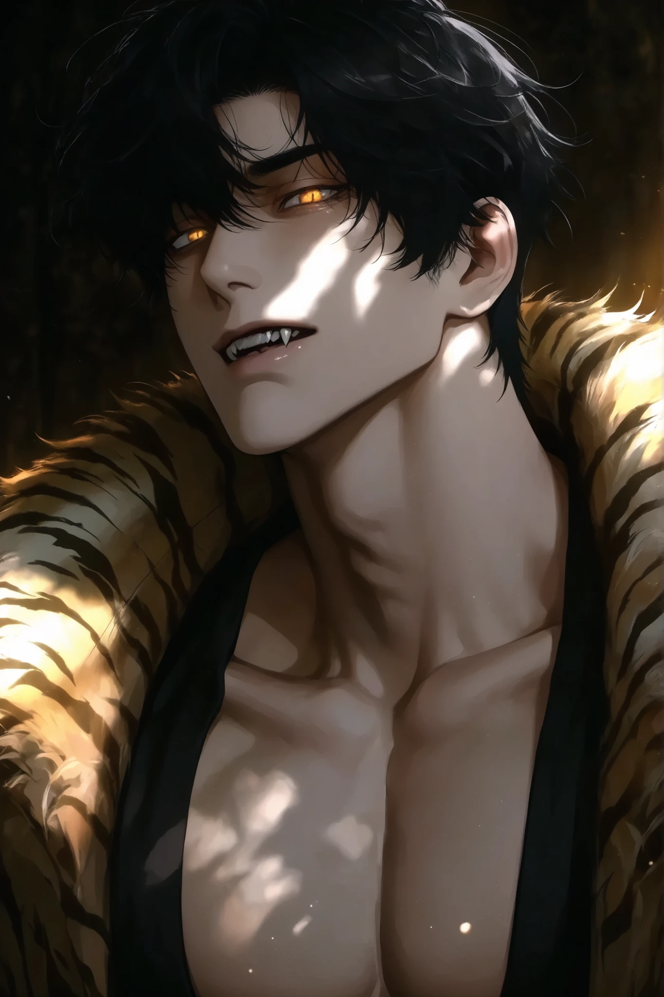Asian-looking man with tiger features, athletic build, short black hair with tiger stripes, amber vertical eyes pupils, sharp fangs, elegant fashion model pose, partial skin transformation into tiger fur, muscular body, clear features, studio lighting, professional photography, Dramatic shadows, luxurious background with gold elements, detailed skin and fur texture, art portrait, cinematic quality, realistic style, clear face, clear outline