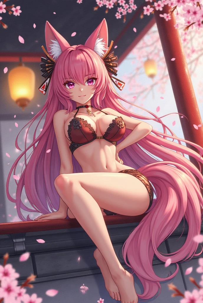 Funtime Foxy from fnia,Gros seins, Oreilles de Renard, Yeux Roses, Cheveux Très Longs, Cheveux Roses, elle porte un veste blanc et rose au millieux, et une queue de renard,
