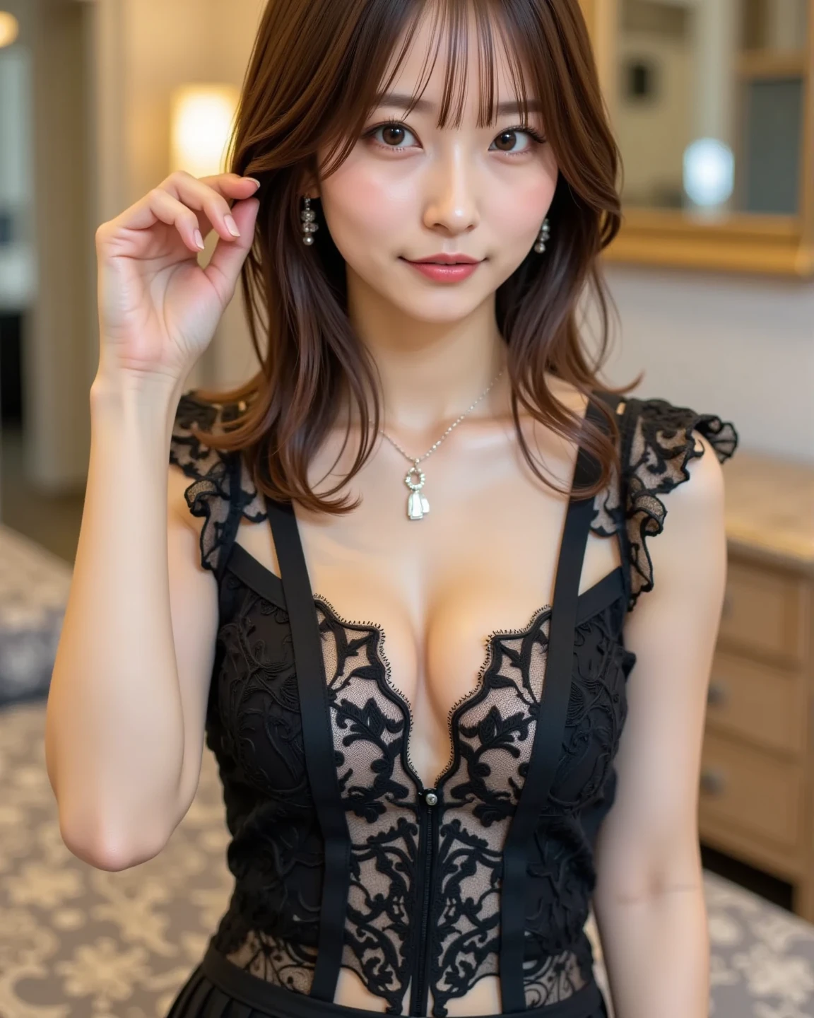 (highest quality, masterpiece, Photorealistic, Super detailed, Ultra-high resolution, born:1.3), One girl, cute, Japanese, smile, bangs, (Big Breasts:1.3), See-through leotard, (Playboy Bunny, Bunny ears, Rabbit&#39;s Tail, Wrist cuff, bow tie, Bare shoulders), Transbunny, (casino), Underarm, Cowboy Shot, compensate,