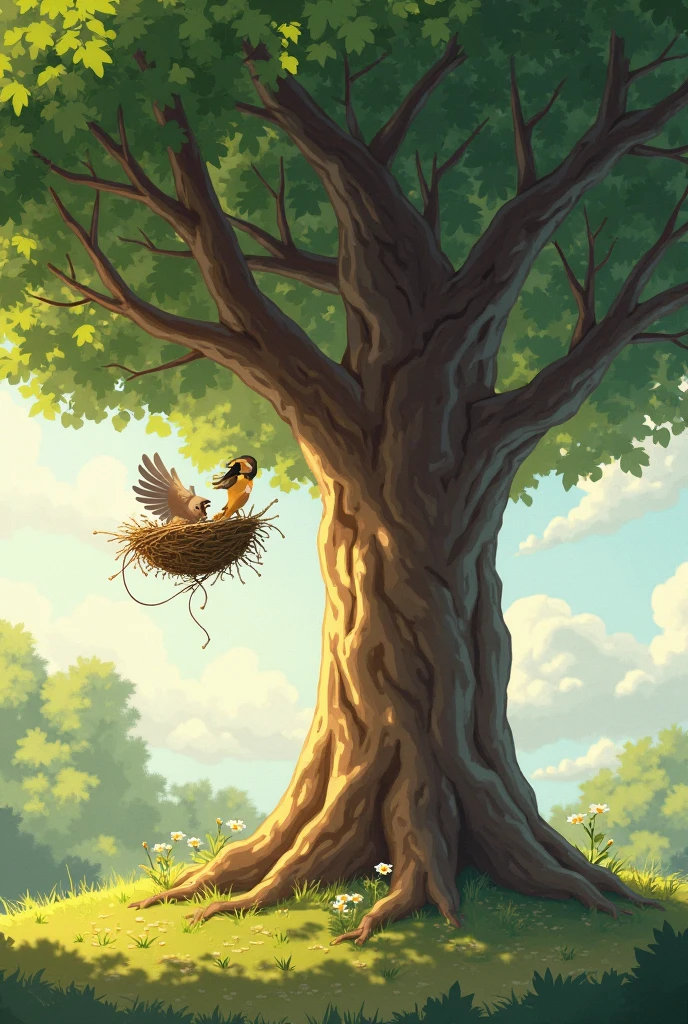 A beautiful bird, making our nest , one egg and 2 beby birds in her nest , a nest on a long and beautiful tree , a rear bird flying, sky , clouds, nest , leaf, spring, most beautiful scene, master peace, a wallpaper, HD quality, details,