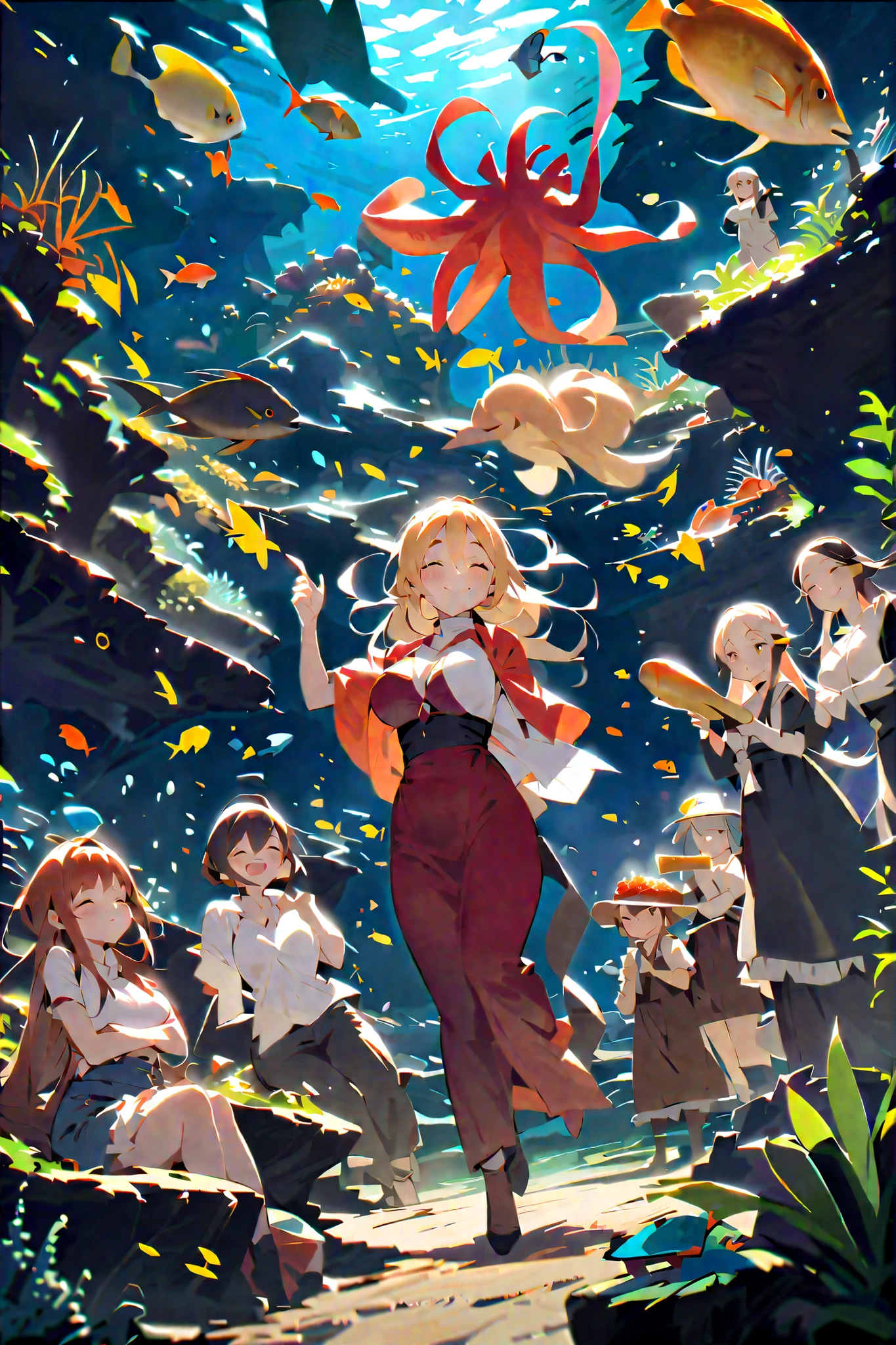 score_9_up,score_8_up,score_7_up,score_6_up,score_5_up,score_4_up,(((multiple girl))),(pekomama),(((milf))), thick eyebrows, droopy eyes, long hair,braided ponytail ,(((closed eyes))),closed mouth,big smile,(((party))),outdoor , (((undersea world))), at night,character focus,