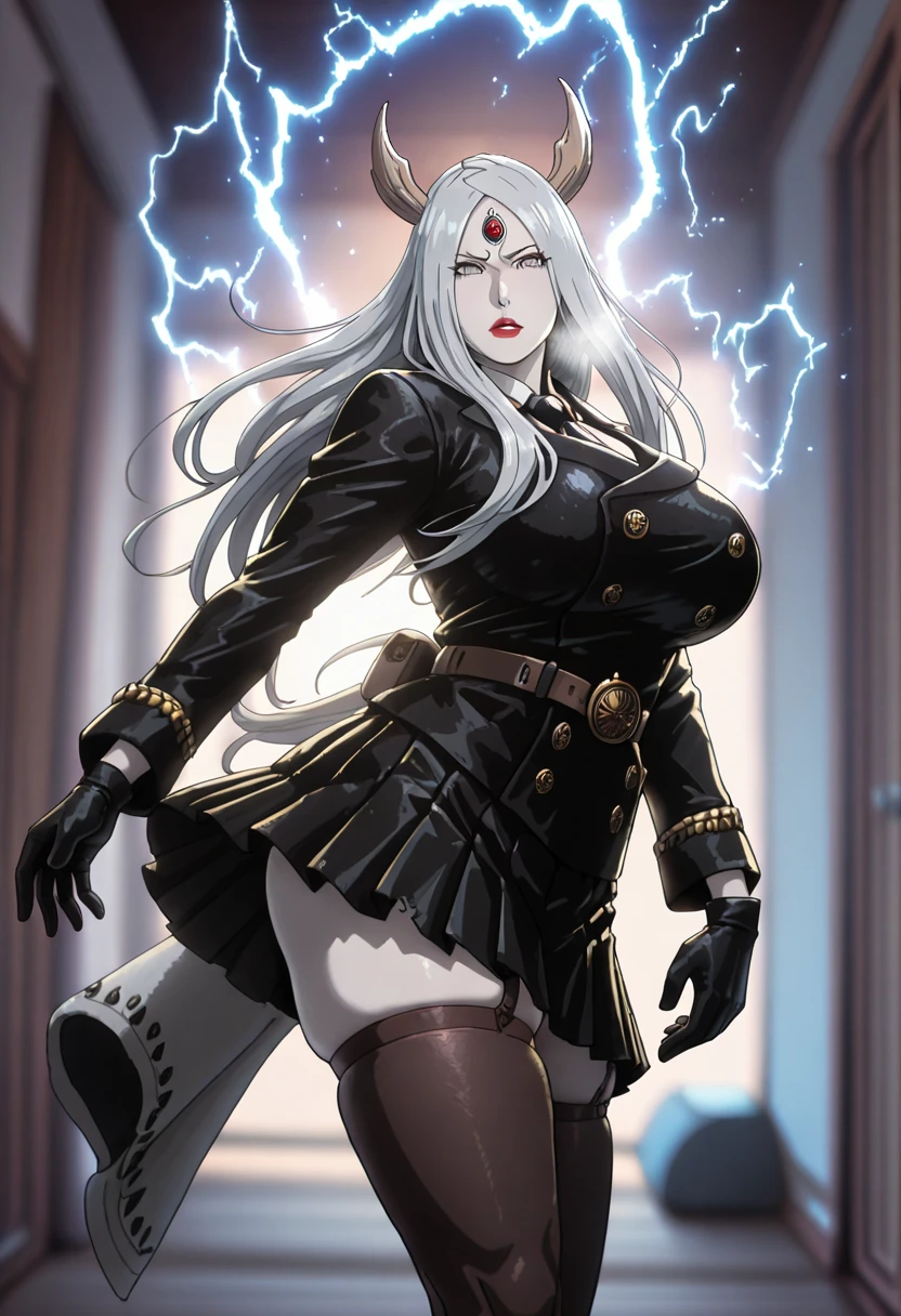 (Cirenk-style:1.2), (freng-style:1.2), (alecto_0-style:1.3), ((anatomical correct)), ((Cinematic, unreal engine, eye-catching, ambient occlusion, UHD, masterpiece)), ((perfect lighting, soft shadow)), perfect body, perfect eyes, perfect fingers, gasping, heavy breathing, gasping profusely, ((skindentation)), ((curvy)), otsutsuki kaguya, grey hair, long hair, grey eyes, third eye, horns, red lips, pale skin, (voluptuous:1.5), (mature female:1.5), 1girl, breasts, electricity, skirt, blurry, pleated_skirt, depth_of_field, gloves, belt, school_uniform, long_sleeves, solo, looking_at_viewer, blurry_background, necktie, torn, glow effects, godrays, Hand drawn