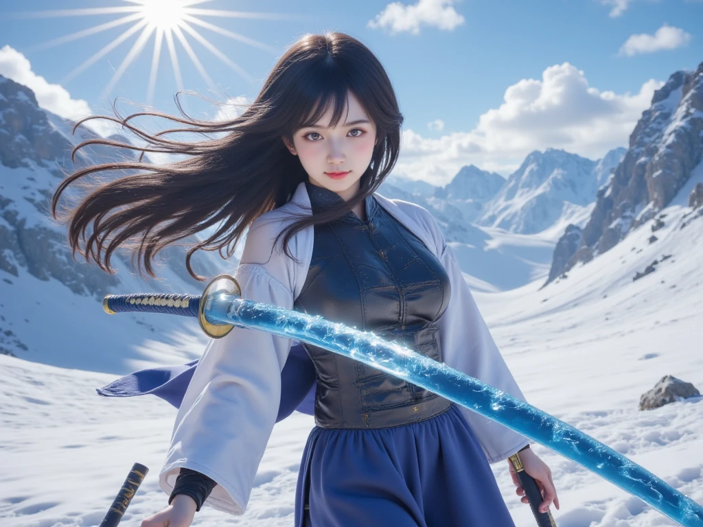 (8k ultra realistic), 1Girl with sword and white dress standing in the snow, (Rukia Kuchiki - Bankai mode - Sode no Shirayuki), solo, full body white robe, snow aura around, snow goddess, white haired deity, long hair, straight hair, hajime yatate, smile, big purple choir eyes, very long white robe, ((wearing aristocratic robe)),  flowing white robes, minimalist details of snow, battlefield.