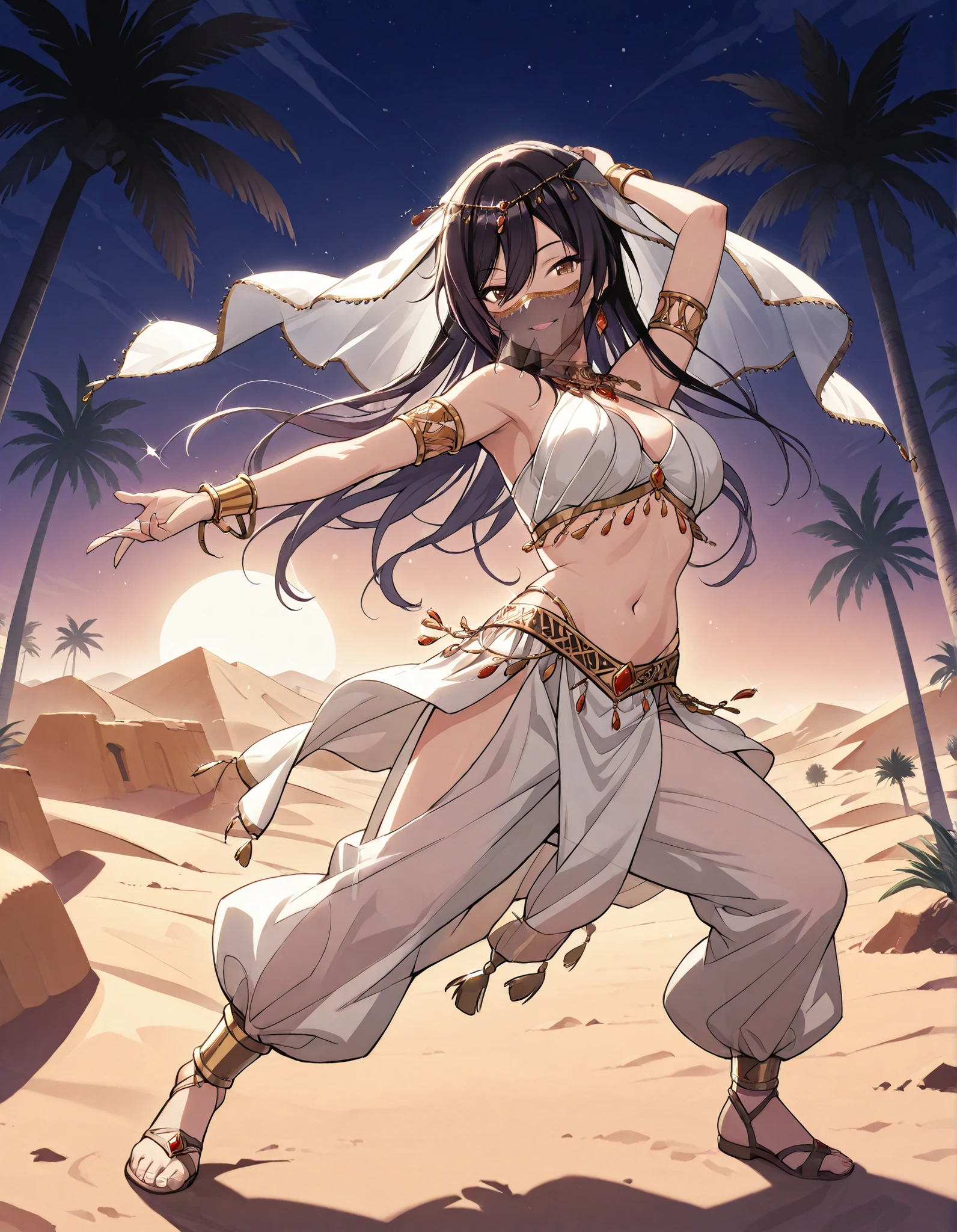 (1girl:1 . 5) , (Seul:1 . 5) , score_9 , score_8_haut , score_7_haut , source_anime , Official work , ultra-detailed , masterpiece , best quality selfie snapshot , high res , beaux yeux , detailed eyes , detailed face , beautiful detailed eyes ,THE iDOLM@STER Shiny Colors,Shirase Sakuya,Arabian Clothes , Arabian Dancer ,belly dancer costume ,mouth veil,full body, golden jewelery,armlet, belly dancing,night,desert lands, palm tree, seductive smile, dancing with veil, dynamic movement,dance posture, seductive pose