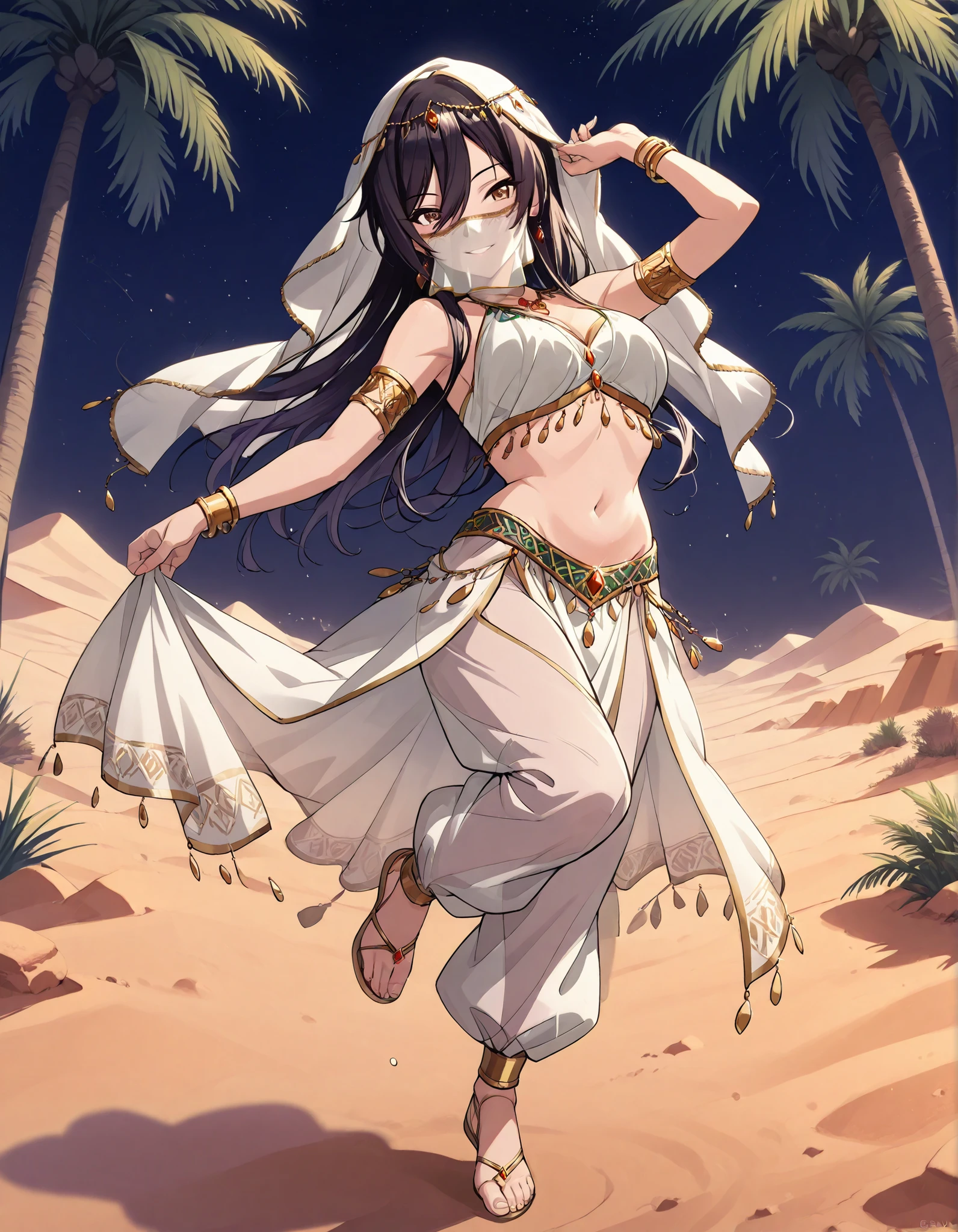 (1girl:1 . 5) , (Seul:1 . 5) , score_9 , score_8_haut , score_7_haut , source_anime , Official work , ultra-detailed , masterpiece , best quality selfie snapshot , high res , beaux yeux , detailed eyes , detailed face , beautiful detailed eyes ,THE iDOLM@STER Shiny Colors,Shirase Sakuya,Arabian Clothes , Arabian Dancer ,belly dancer costume ,mouth veil,full body, golden jewelery,armlet, belly dancing,night,desert lands, palm tree, seductive smile, dancing with veil, dynamic movement,dance posture, seductive pose