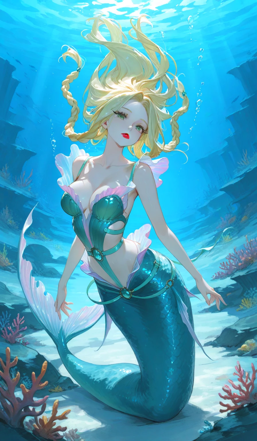 4k,hight resolution,One Woman,a blond,Longhaire,mermaid,Green scales,huge tit,Little Mermaid,Seashell bra,Princess Tiara,Pearl decoration,jewel decorations,Undersea background,under the water