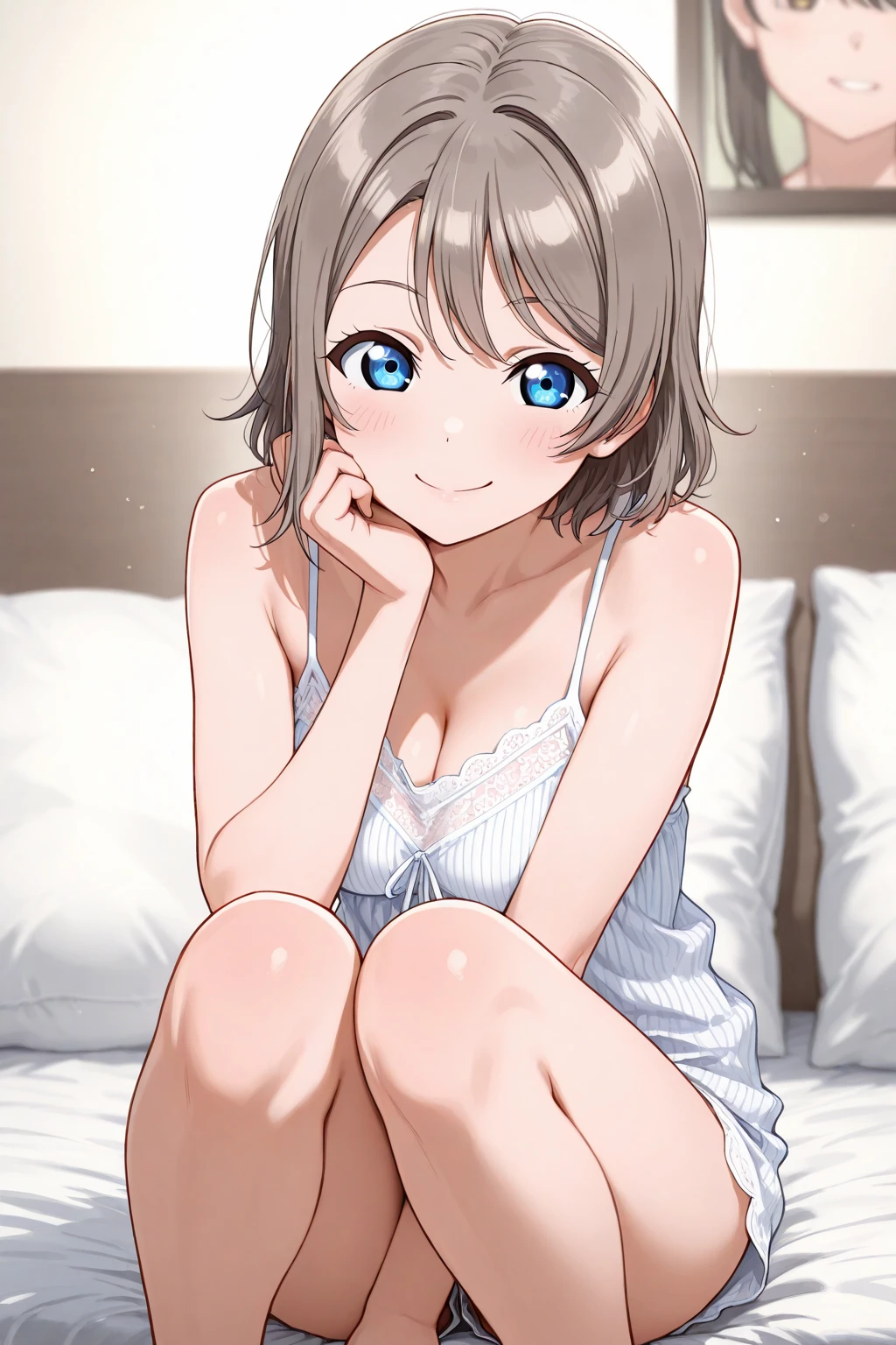 (((Pixel Perfect、Perfect in every detail))), Alone、One Girl、Uranohoshi Girls' Academy、 Bedroom、Watch Viewers、smile、sex appeal、Light Blue Bra、Light Blue Panties、Big Breasts、Watanabe You