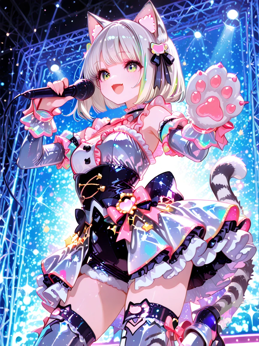 masterpiece, best quality, <lora:last_lucky_cloe:0.5>, 1girl, animal ear headphones, animal hands, blonde hair, bangs, cat ear headphones, cat paws, fake animal ears, gloves, hair ornament, headphones, ribbon, twintails, pink theme, blue eyes, dress, lucky cloe, chocker, cat tail, concert,from above , glossy cloth, :3