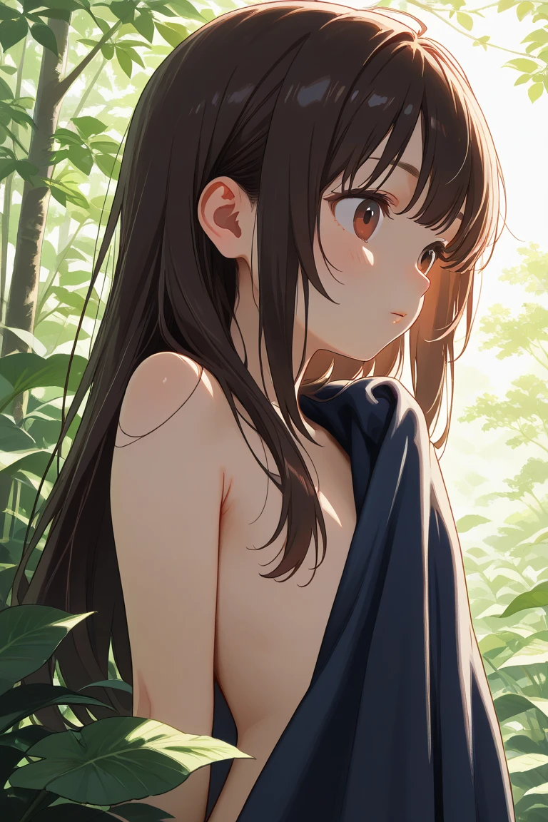 1 female、brown hair、Long Hair、Curly Hair、blue eyes、Thick lips、NSFW、Nipples are visible、slim、Small breasts、Fresh greenery、Green leaves、Tea plantation、sunlight、masterpiece、Ultra-high resolution、Perfect lighting、16k