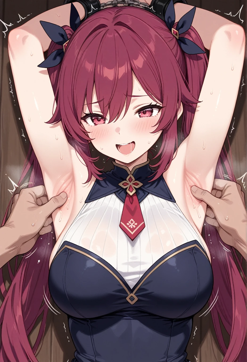 ((Best quality, 8K, Masterpiece: 1.3, 1girl, Beautiful girl)), cute, Dynamism, Detailed face, Detailed skin, detailed clothes, Detailed eyes, Detailed lips, Detailed tongue, Detailed fingers, Detailed mouth, Photorealistic, Raw photo, highres, Natural lighting, dynamic pose, perfect anatomy, toned legs, double eyelids, tear bags, round eyes, moist lips, sweaty, (yaemiko, pink hair, hair between eyes, long hair, japanese clothes, hair ornament, ornament on the chest, sideboob:1.2), rubber dress, skirt, earrings, half closed eyes, sticking tongue out, open mouth, drooling, cum on breasts, ecstatic face, ahegao:1.5, spreading legs, ((hands of men are grabbing her breasts, multiple hand)), men, slim body, skirt lift, lots hands of men are touching her body, cum in vaginas, cum on thighs, restrained arms with metal cuff and chain, steam:1.5, peeing herself, sex toy in vaginas, shape of nipples, wet clothes, cum on tongue, sex, lying in bed, fellatio, arms up