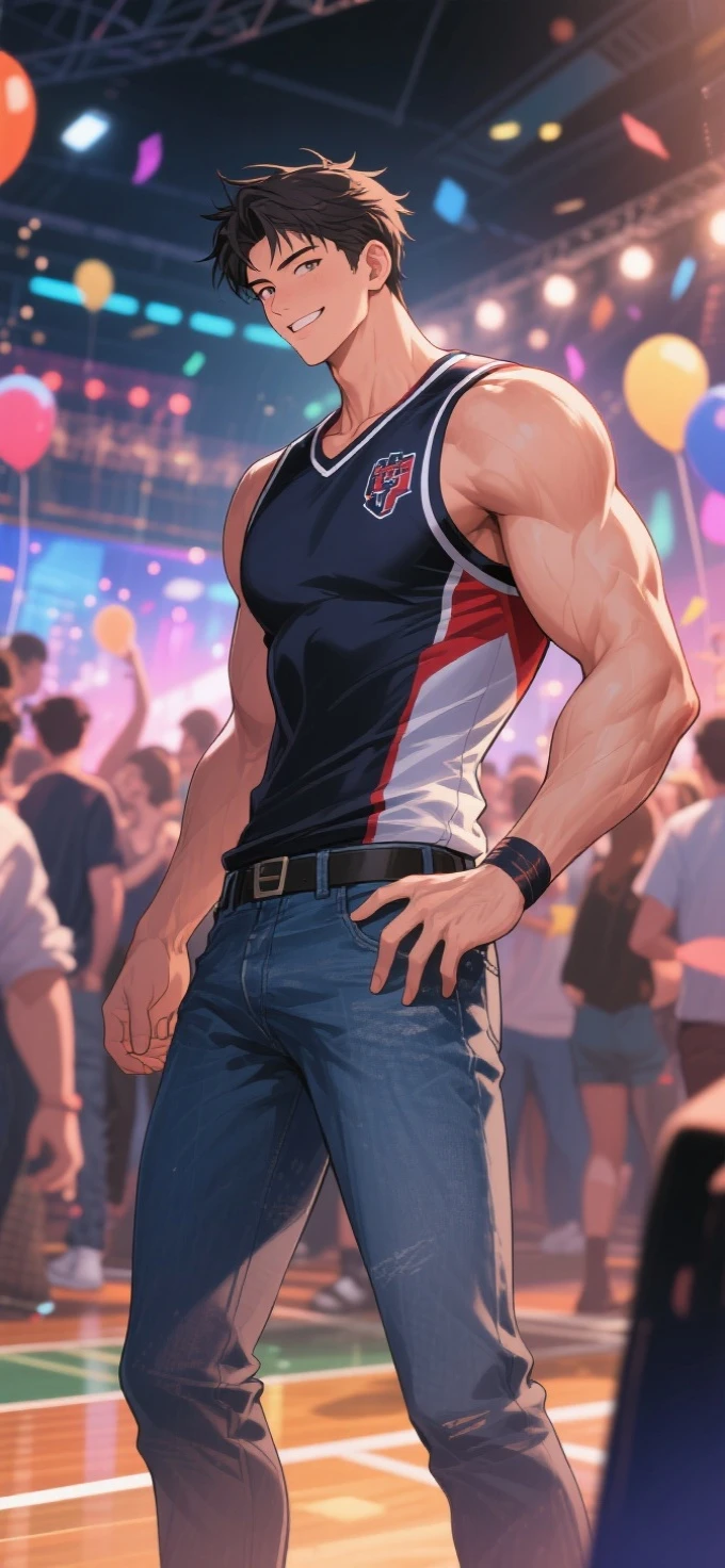 best quality, masterpiece, man with stylish hair, another man's penis shaft, dripping , looking directly at each other, muscular, club dance floor, crowd happily cheering them on, , gay, homoerotic, ambient lighting, extremely dramatic shadows, best view, perfection, no watermark, no logo, no signature