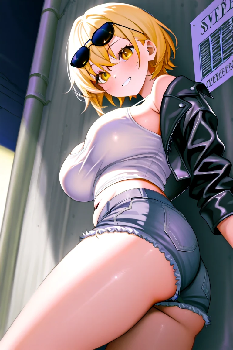 NSFW,modred、(Green Eyes:1.5)、Blonde Hair、ponytail、short hair、Scrunchie、赤いScrunchie、Hair shish、Jacket、jewelry、abdomen、belly button、necklace、赤いJacket,(Perfect hands),(Perfect Anatomy),(masterpiece),(highest quality),Downtown at night,(Embarrassed:1.5),blush,One man,(Oral sex:1.5)