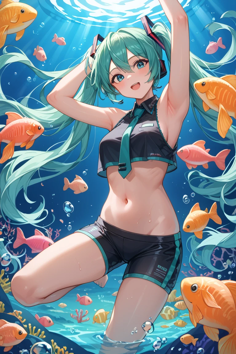 (masterpiece、最high quality、最high quality、official art、beautiful beautiful:1.2)、(1 girl:1.3)Hatsune Miku、big breasts、twin tails、adorable smile、very detailed、miku hatsune,diving suit,diving,beautiful legs,instructor,dolphin training, 完璧なボディ構造プロポーションのmasterpiece, Super detailed, magnificent composition, Color tattoo art, New Traditional Tattoo Art, sd tattoo designs, Color tattoo art, Mysterious, warm and friendly atmosphere, super realistic painting, super hd, high quality, 最high quality, 32k --v6
