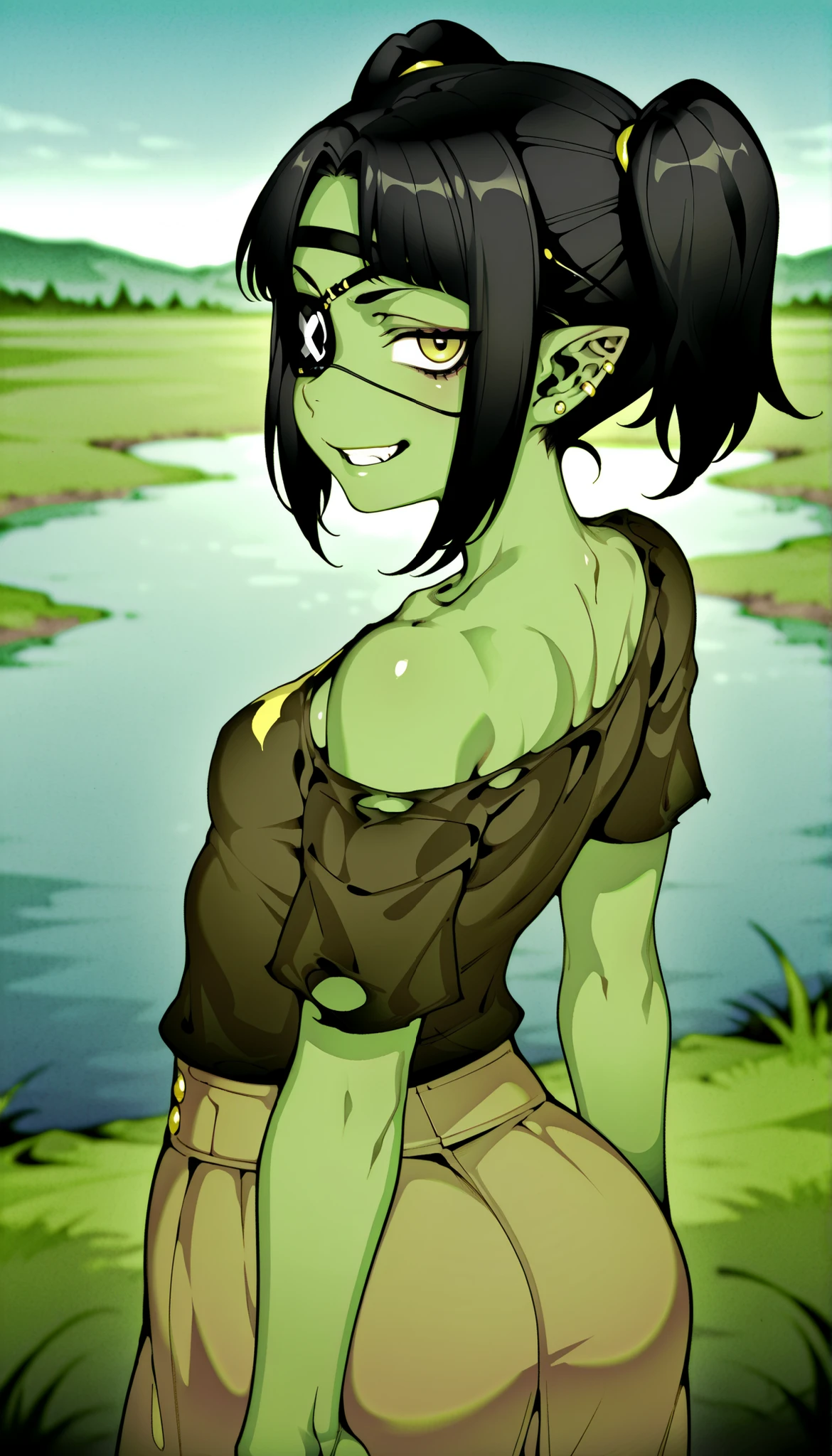 Source_anime, handsome, fishine style, 1girl, solo, orc_girl BREAK 

Black hair, long sidelocks, short twintails, parted bangs, small breasts, black_eyepatch_on_left_eye, yellow_left_eye, (colored skin, green skin), pointy ears, ear piercing, gold piercing, plump BREAK 

Torn shirt, torn sleeves, off shoulders, short sleeves, collarbone, brown shirt, , brown skirt BREAK  

Looking back, smug smile, grin, from behind, standing, nice butt

Outdoors, blue sky, grass, lakeside plains, lake, 