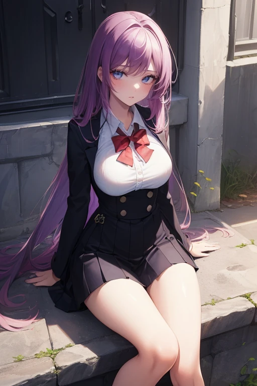 Hugob, nffsw, Purple hair, Long hair, Bangs, (Purple eyes:1.1), (medium breasts:1.2),Blake Black Jacket, (black thighhighs:1.3),Black skirt, Collared shirt, Hair Ribbon, high waist skirt, Jacket, Long sleeves, Neck ribbon, Open your clothes, Open jacket, Pleated skirt, Red Ribbon, bow ribbon, Shirt, Skirt, sleeves past wrists, White shirt, Wide sleeves,BREAK looking at viewer,BREAK outdoors, BREAK (masutepiece:1.2), Best Quality, High resolution, Unity 8k壁纸, (Illustration:0.8), (Beautiful detailed eyes:1.6), extra detailed face, Perfect Lighting, extremely details CG, (Perfect hands, Perfect Anatomy),Naughty smile with open mouth、(white panties:1.3)、(Fully exposed panties:1.5)、(Squatting:1.3)、plein air、outside of house、