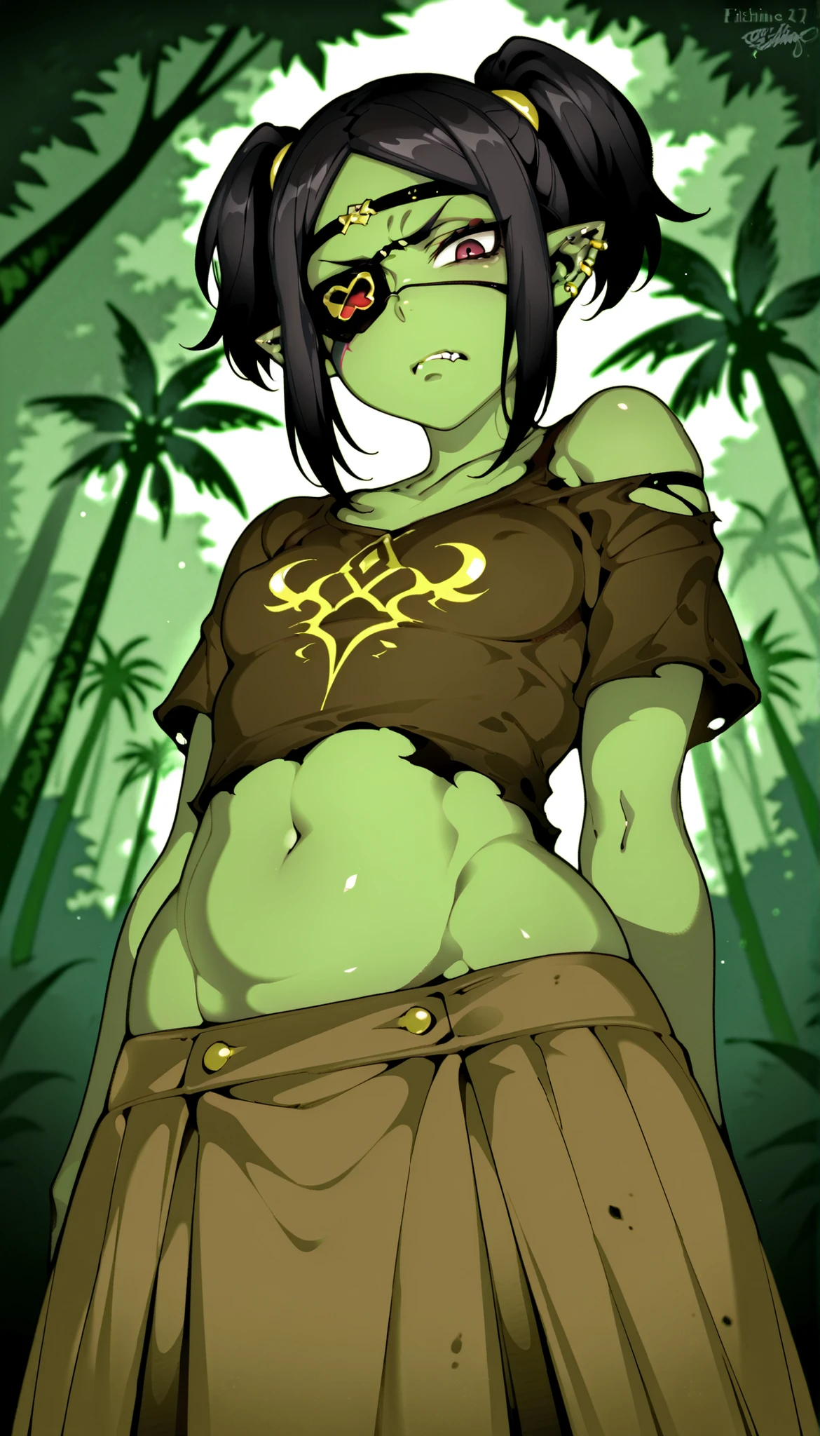 Source_anime, handsome, fishine style, 1girl, solo, orc_girl BREAK 

Black hair, long sidelocks, short twintails, parted bangs, small breasts, black_eyepatch_on_left_eye, red_left_eye, (colored skin, green skin), pointy ears, ear piercing, gold piercing, plump BREAK 

Torn shirt, torn sleeves, off shoulders, short sleeves, collarbone, brown shirt, navel, brown skirt BREAK  

Looking at viewer, annoyed face, teeth, from below, closed mouth, 

Outdoors, daytime, tropical forest, 