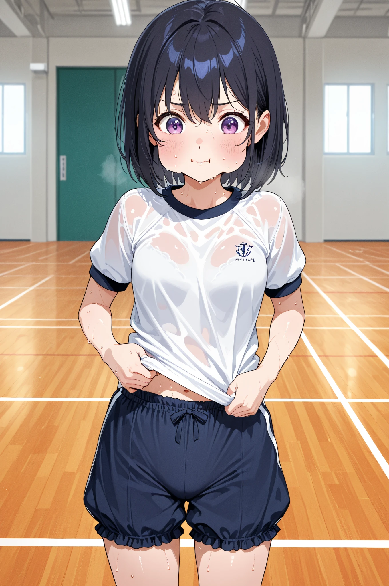 6 year old sexy tanned girl, short black hair, in very tight sportswear, in the locker rooms