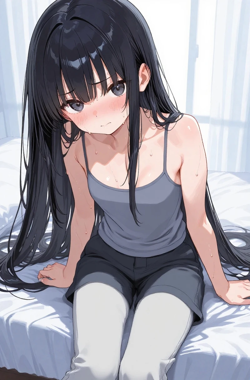 Young women,Black long hair,Straight Hair,Hair ends are slightly curled,Scattered on the shoulders,Fair skin,White loose T-shirt,Slightly longer hem,Cover part of the lower body,Black lace panties,Hiding under a T-shirt,Jiang Xiaochen stands in front of the mirror,手抓Chest,白色液体从Chest溢出,surprise和Puzzled:Eyebrows slightly wrinkled,Eyes wide open,Mouth slightly open,Blushing cheeks,Mild sweating,手紧抓Chest或交叉放在胸前,Chest:full,Papaya shape,White liquid spills,Liquid slightly shiny,surprise、Puzzled、Awkward、nervous、anxiety,手抓Chest,Cross your arms,Rubbing hands nervously