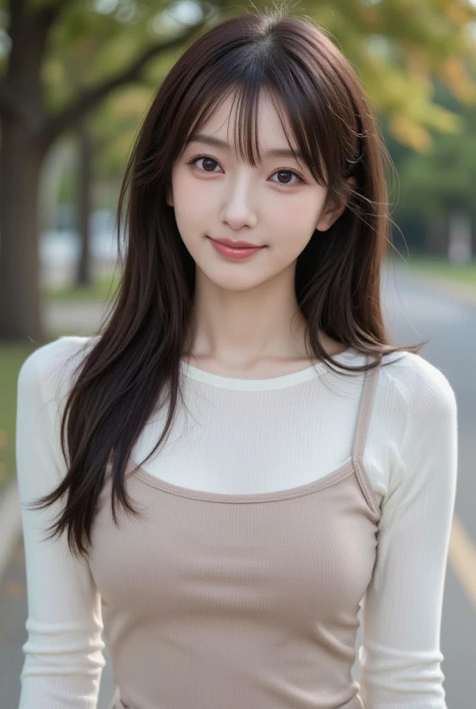 masutepiece, Best Quality, Photorealsitic, finely detail, hight resolution, 8K Wallpapers, Perfect dynamic composition, Beautiful detailed eyes, Medium Hair, large full , Random and  poses,Bring your  together、( sleeveless high neck knitwear)、( bulge 1.2)、A smile、open open mouth、Resort scenery、30-years old、(Drooping eyes 1.4)、 Beauty、japanes