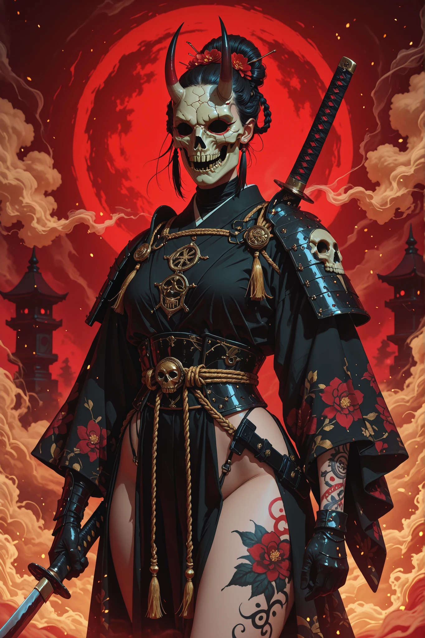 mcht2,mcht2,A striking image features a fierce and enigmatic woman with her back partially turned, showcasing intricate tattoos covering her skin. She wears a traditional Japanese oni mask, painted in black and adorned with two prominent horns. Her dark hair is styled into an elegant updo, embellished with delicate golden ornaments and red flowers. Her attire is ornate, consisting of a dark, floral-patterned kimono with sheer sleeves, revealing more of her elaborate tattoos.
Gold and black armored plates lined with skull motifs protect her shoulders, arms, and thighs. A braided golden rope cinches her waist, adding an element of traditional samurai aesthetics. Her left hand grips the hilt of a katana, and soft wisps of smoke curl around her, enhancing the mystical atmosphere. The bold red background starkly contrasts with her dark armor and clothing, amplifying the intense, almost otherworldly presence she exudes.