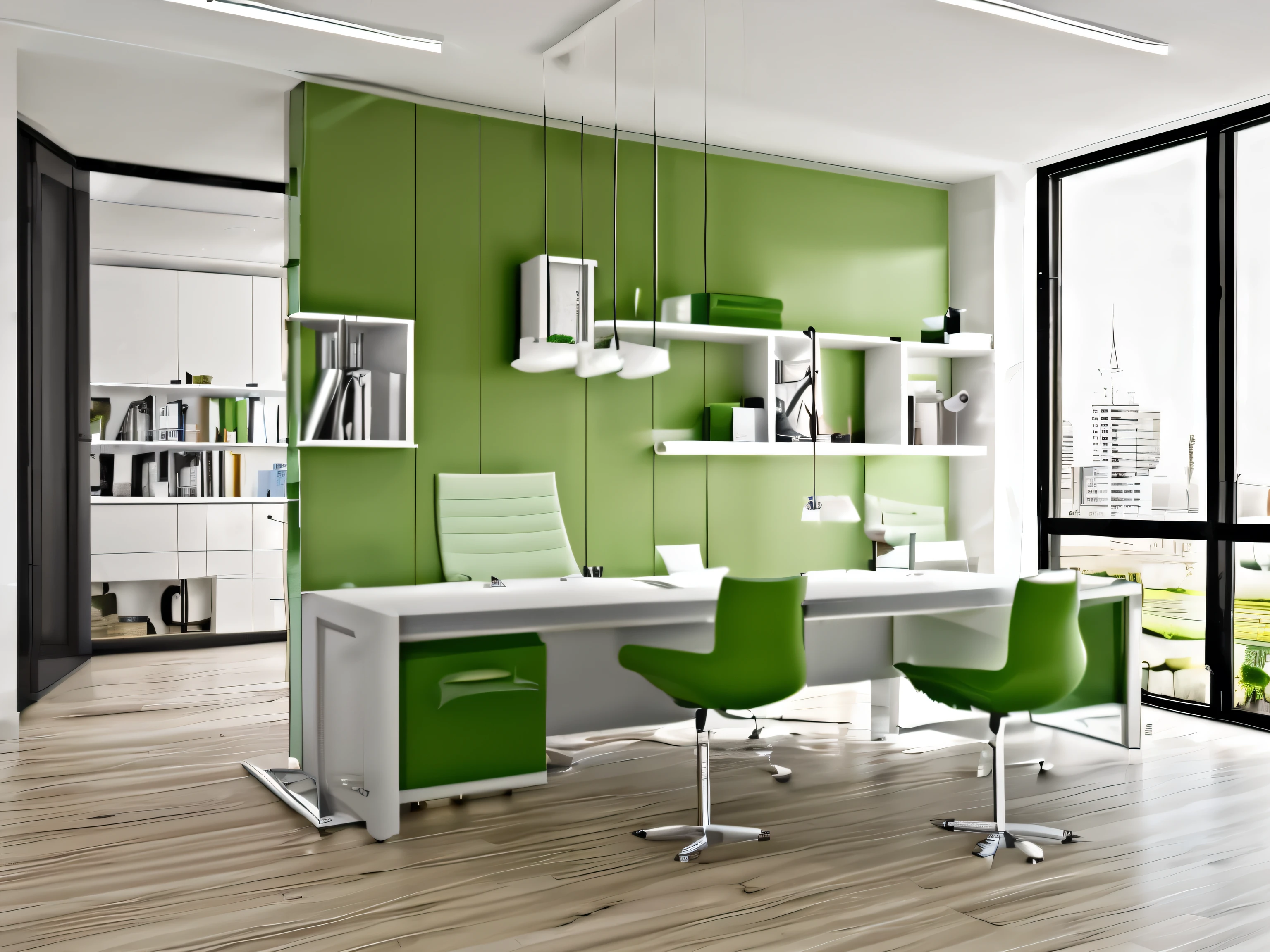 minimalist office, Light green, dark green, white, happy
